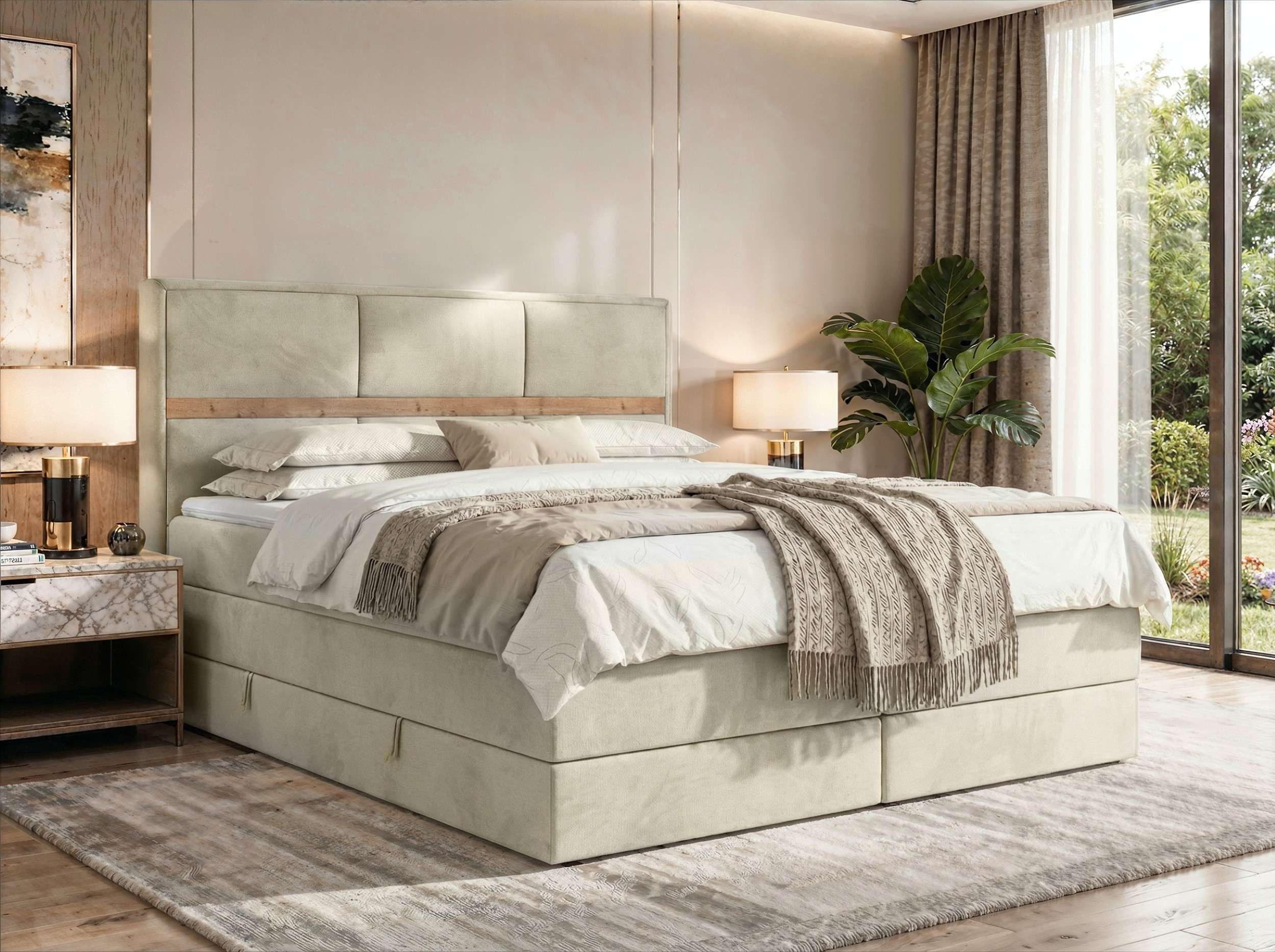 MKS MÖBEL Boxspringbett ORVO KING (Packung, Gepolstertes Kopfteil, Topper T25/Visco, 7-Zonen-Multipocket-Matratzen), Doppelbett mit Bettkästen und Topper, Härtegrad H3/H4