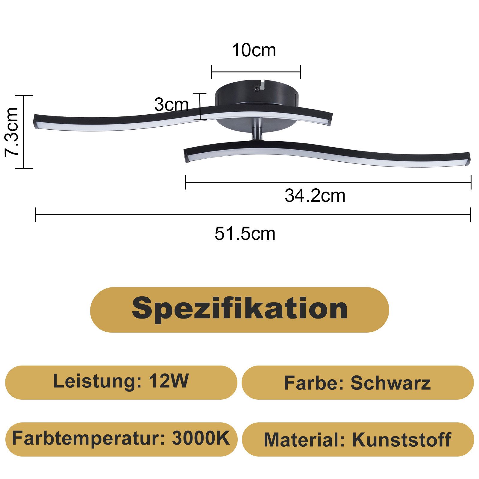ZMH LED Deckenleuchte Wohnzimmer Schwarz Wellen Design Modern Deckenlampe 3000K Flur Küche, Augenschutz, Einfache Installtion, LED fest integriert, Warmweiß, 12W Küchenlampe Innen Schlafzimmerlampe