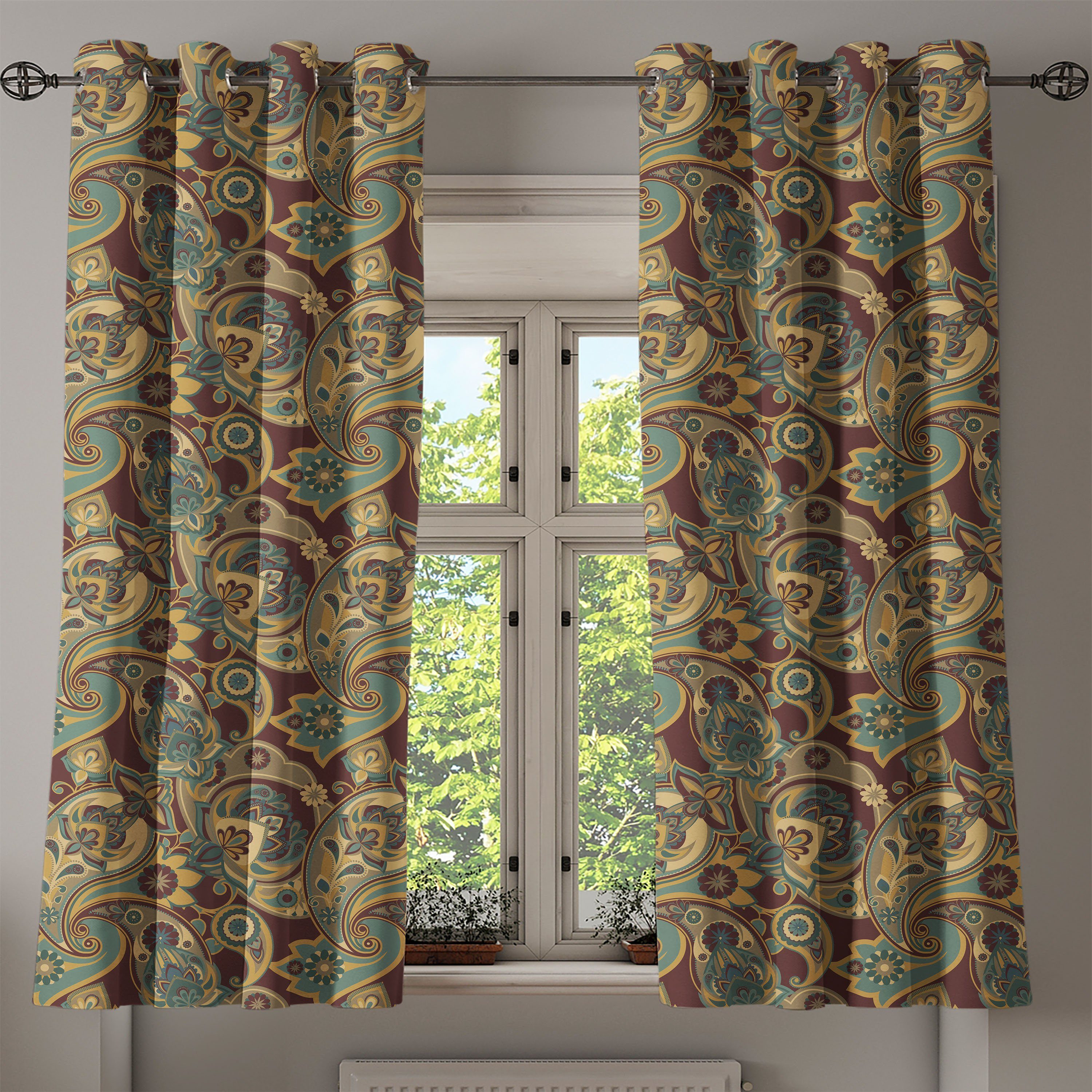 Hippie Röschen Paisley 2-Panel-Fenstervorhänge Persian Wohnzimmer, für Schlafzimmer Dekorative Gardine Abakuhaus,