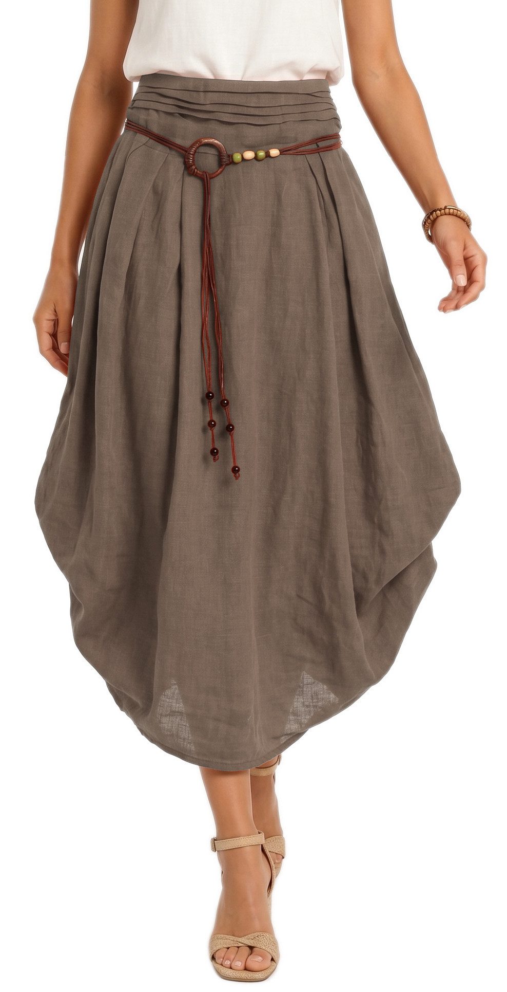 dy_mode Ballonrock Damen Leinenrock Midi Ballonrock Sommerrock Midirock in Unifarbe, mit Teil-Gummibund, Variabler 2-in-1 Look