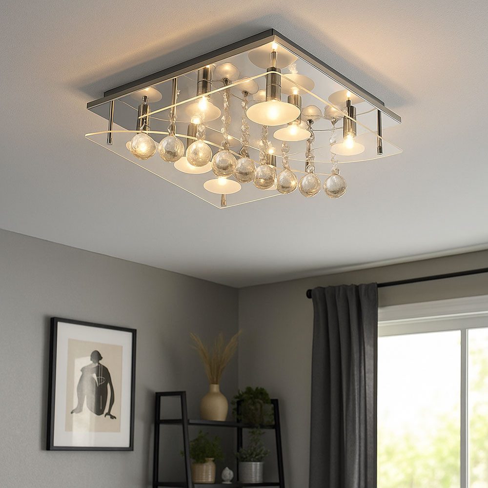 Esto Deckenleuchte, Leuchtmittel nicht inklusive, Deckenleuchte Chrom Beleuchtung Kristall Glas Wohnzimmer quadratisch