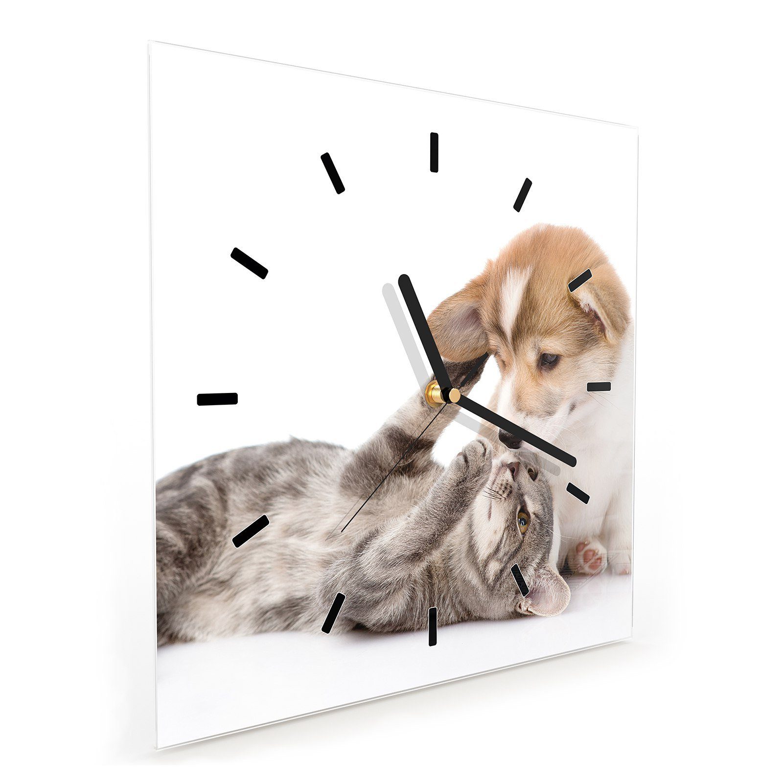 Wandkunst 30 x Katze cm Hund spielend mit Größe 30 Primedeco Wanduhr und Motiv Wanduhr Glasuhr