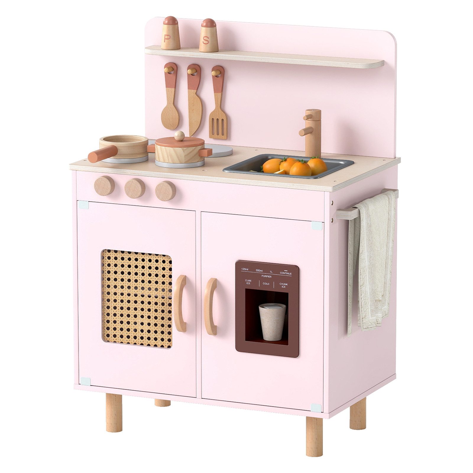 COSTWAY Spielküche Holz, Mit realistischem Eismaschine, Zubehör & Wasserspüle