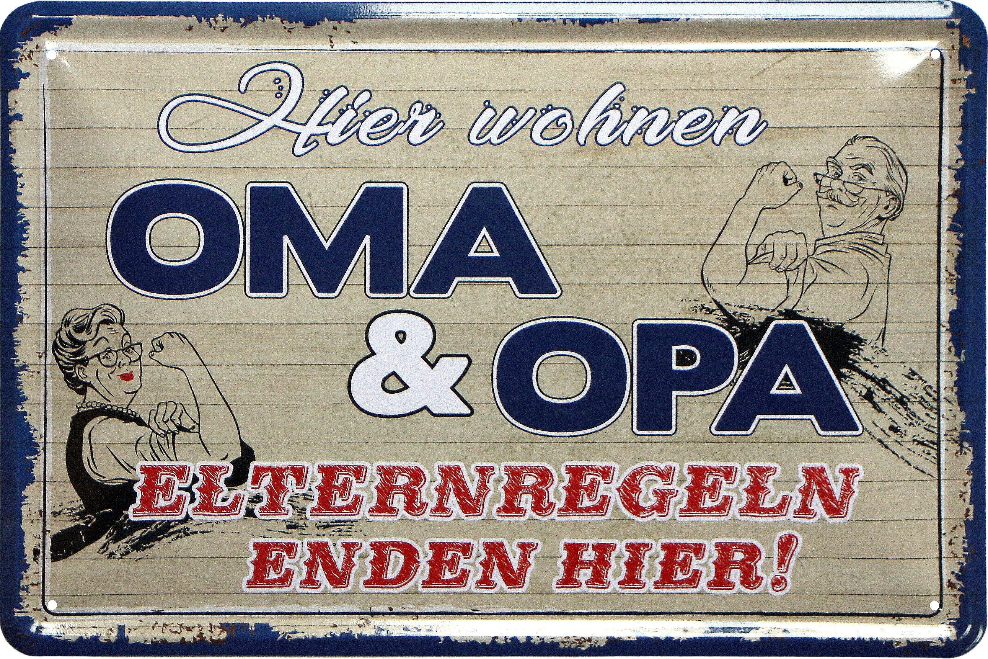 WOGEKA ART Metallbild Hier wohnen Oma und Opa - 20 x 30 cm Retro Blechschild, Blech333, Metallschild Wanddeko Spruch Schild Wandbild Türschild Großeltern