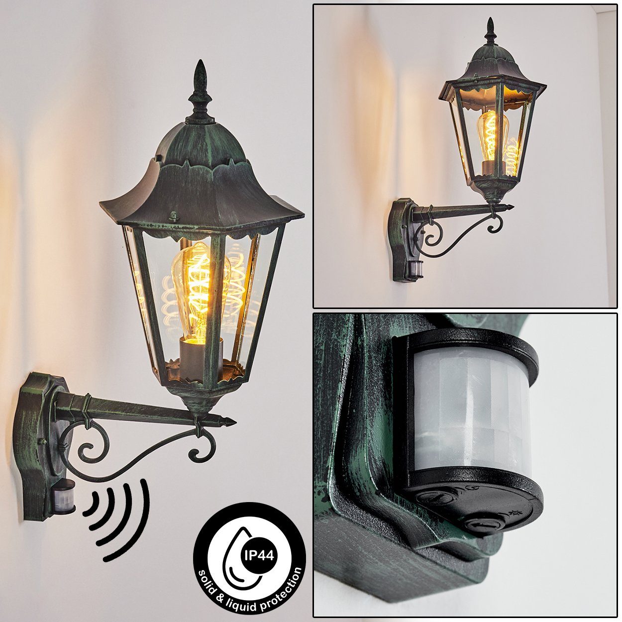 hofstein Außen-Wandleuchte Wandlampe Bewegungsmelder in antikem Look aus Metall/Glas, ohne Leuchtmittel, Wandleuchte im Retro/Vintage Design, Außenleuchte für Terrasse, E27
