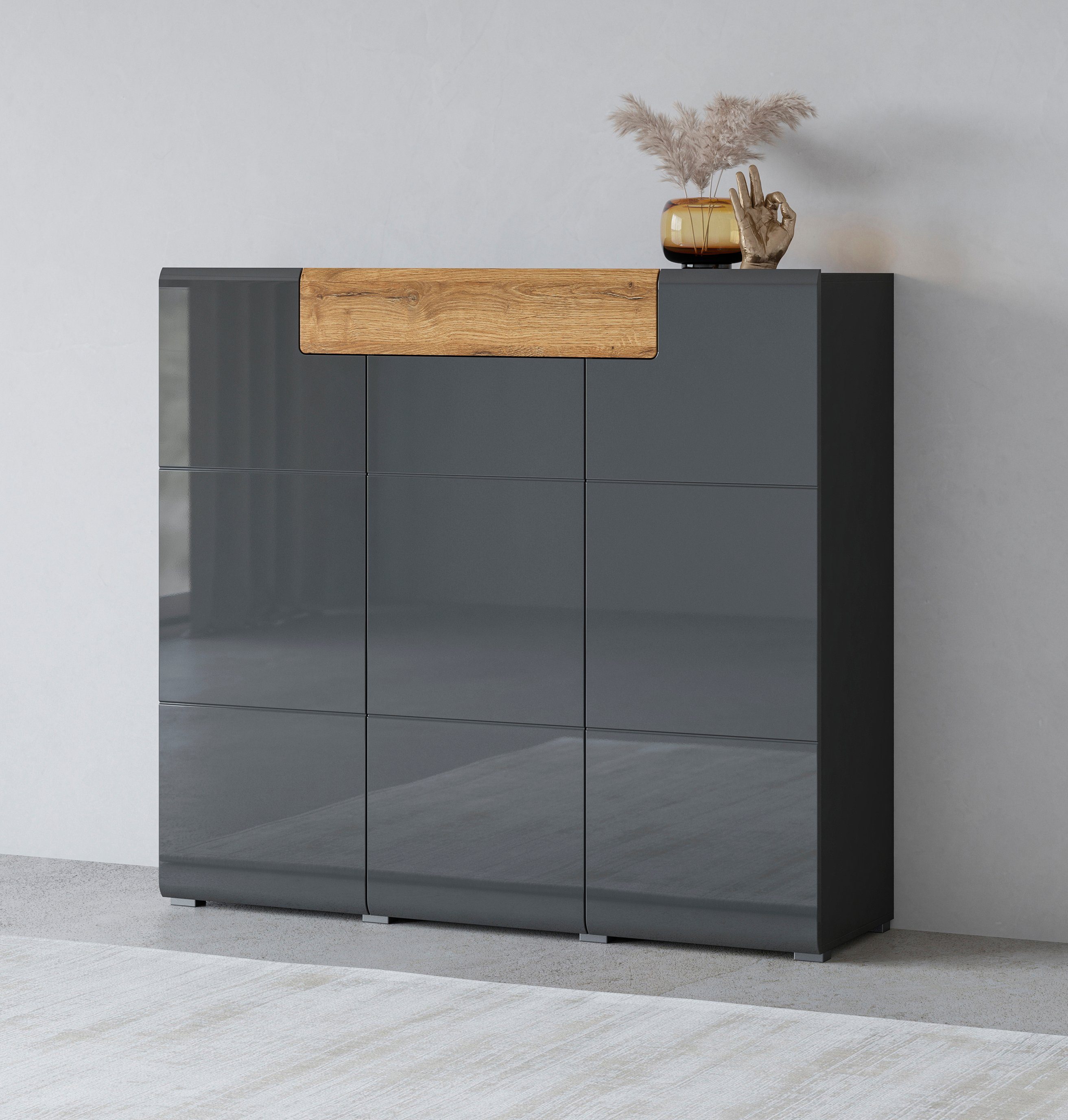 INOSIGN Highboard Toledo,Breite 147,5 cm,trendige Hochkommode mit 3 Двері 1SK, Hochschrank mit viel Stauraum, stylische Hochglanzfronten