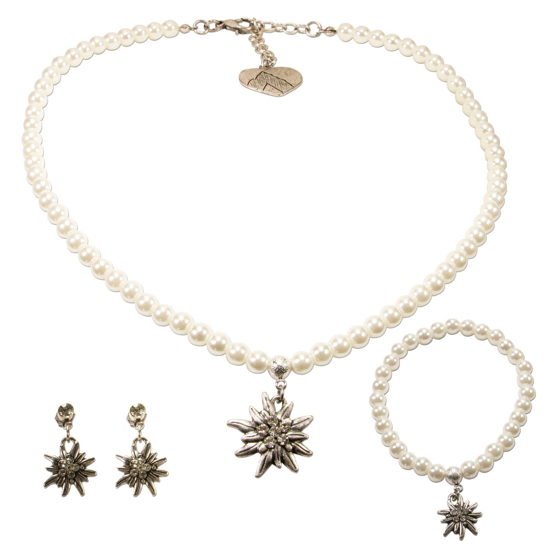 Alpenflüstern Ketten-Set Trachtenschmuck-Set Perlen-Trachtenkette, Trachten-Armband und Trachten-Ohrhänger Strass-Edelweiss (creme-weiß), - Damen-Trachten-Schmuck, Trachtenset Kette, Armkette und Ohrringe