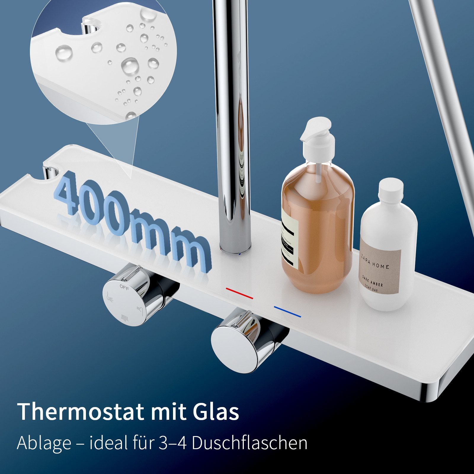 HOMELODY Duschsystem mit Thermostat und Glasablage in Chrom,Brausegarnitur, 3 Strahlart(en), Set, Funktional und hochwertig – für ein rundum perfektes Duscherle – Bild 3 von 5
