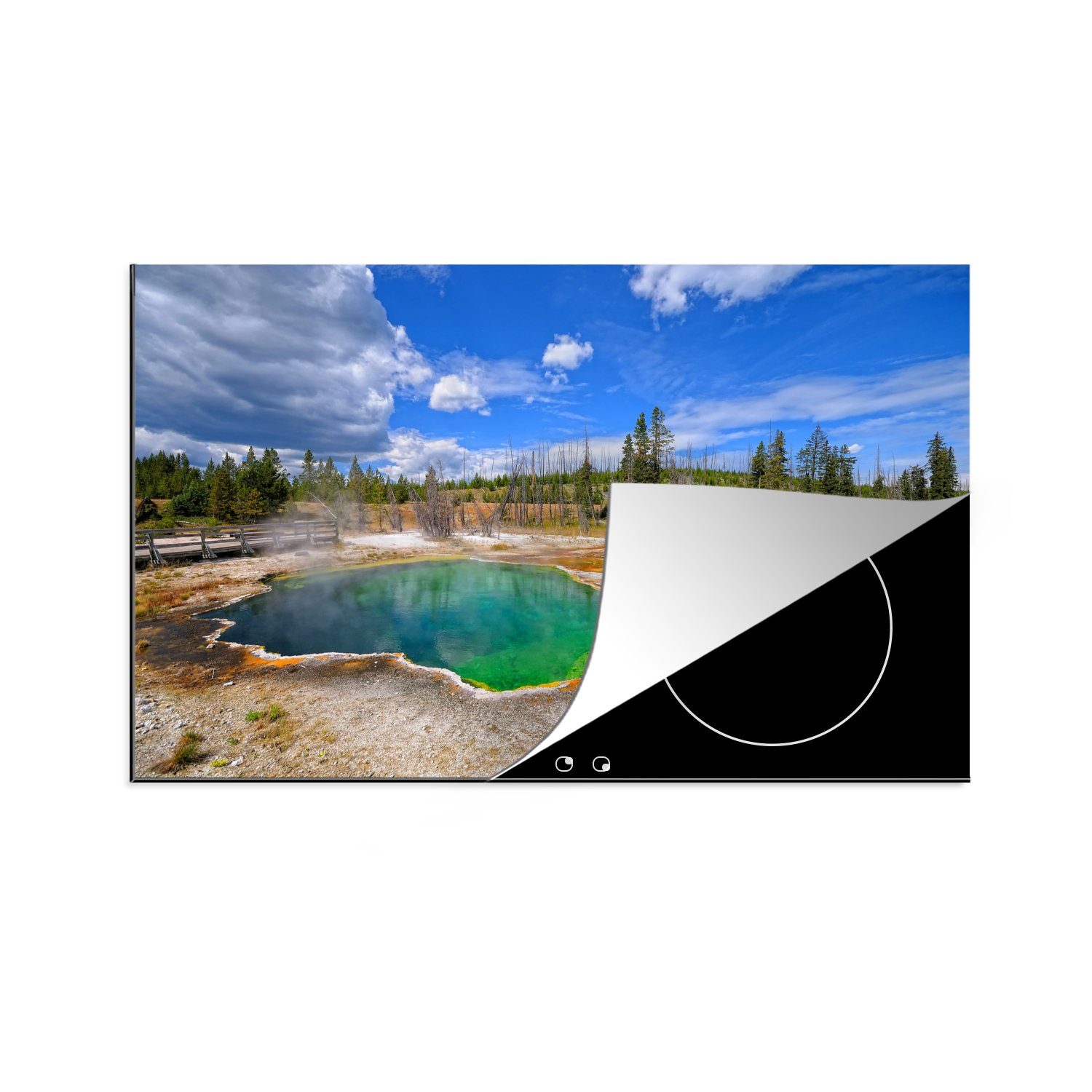 MuchoWow Herdblende-/Abdeckplatte Eine blau-gelbe Wasserquelle im Yellowstone-Nationalpark, Vinyl, (1 tlg), 81x52 cm, Induktionskochfeld Schutz für die küche, Ceranfeldabdeckung | Herdabdeckplatten