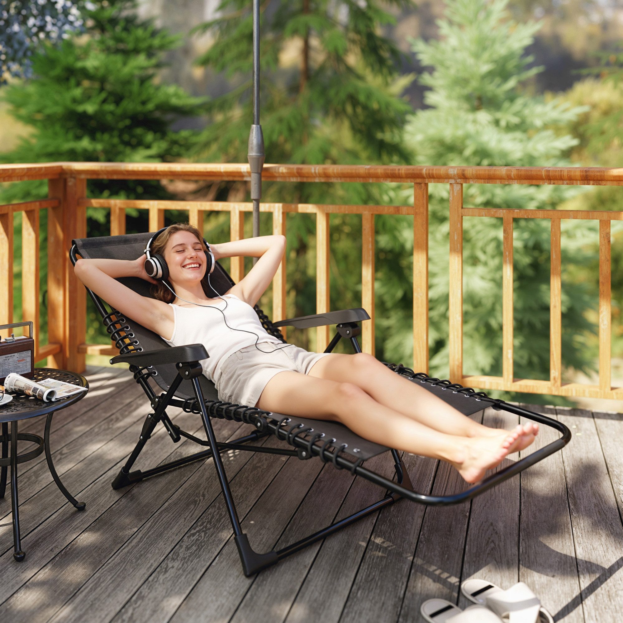 Outsunny Gartenliege mit Kopfkissen, 5-Fach verstellbare Rückenlehne, wetterfest, Klappbarer Sonnenliege, 1 St., Liegestuhl, bis 120 kg belastbar, für Garten Outdoor Strand, Schwarz