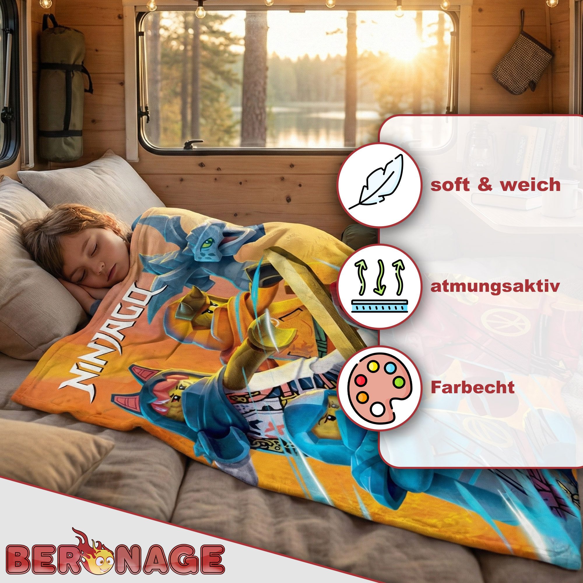 BERONAGE Tagesdecke LEGO Ninjago Kuscheldecke Rise of Shadows 150x200 cm Decke, passend zur Bettwäsche, ideal für Sofa, Couch, Bett, Auto, Camping