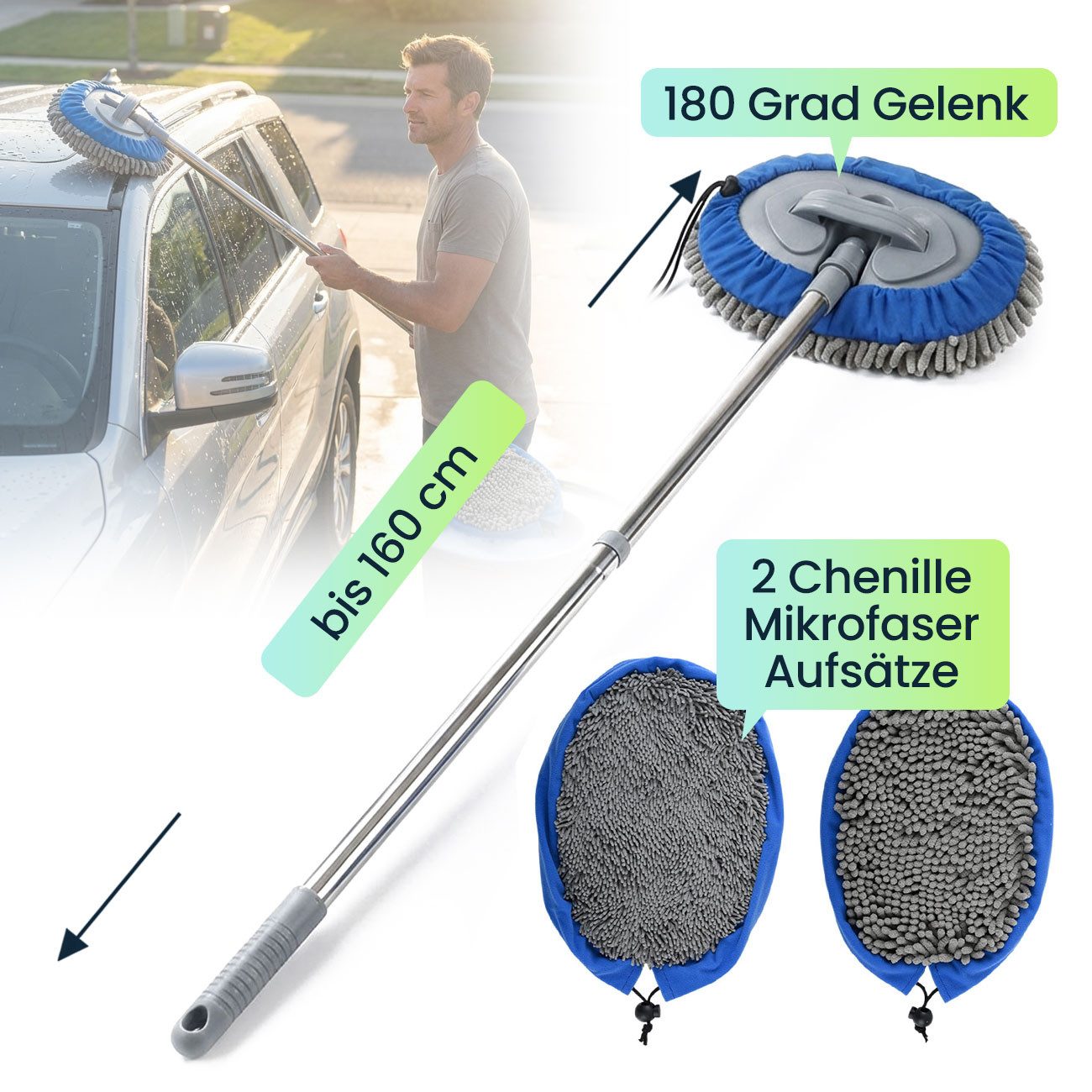 shop'n smile ideoon Wischmopp Wischmopp mit 160cm Teleskopstange & 2 Chenille Mikrofaser Aufsätzen, für PKW, LKW, Wohnmobil & Wohnwagen