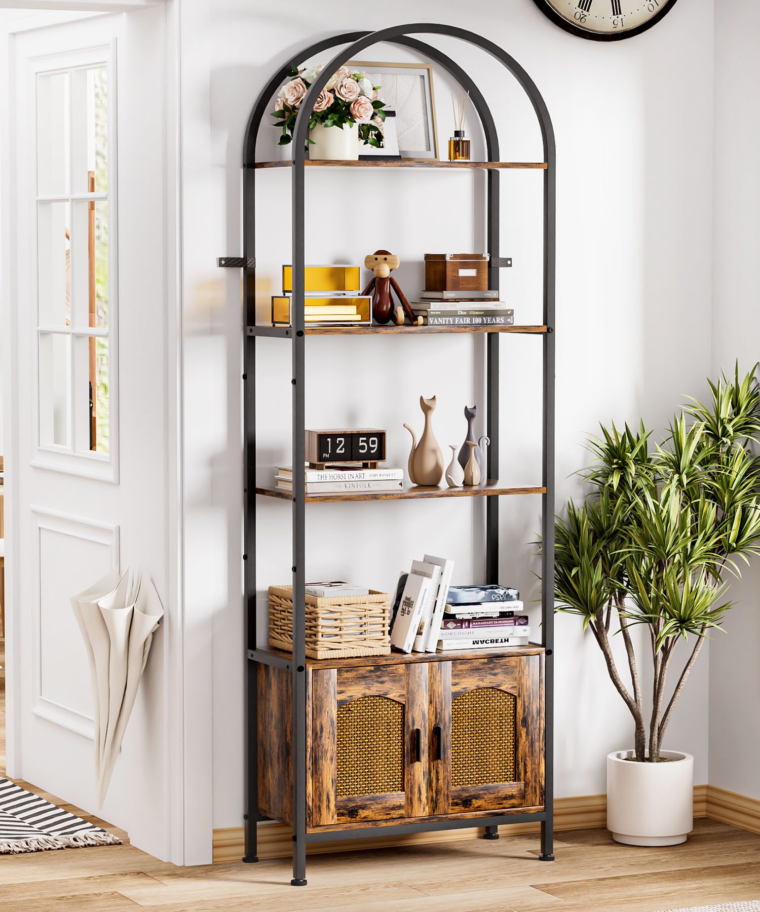 Yorbay Bücherregal 5 Ebenen, Standregal mit Schrank, Bogenförmiges Aufbewahrungsregal, 60x28x177cm, für Wohnzimmer, Schlafzimmer, Arbeitszimmer & Bad