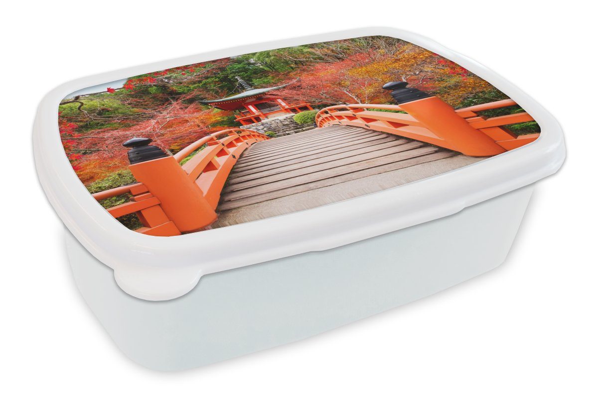 MuchoWow Lunchbox Brücke - Pagode - Japanisch - Rot - Natur, Kunststoff, (2-tlg), Brotbox für Kinder und Erwachsene, Brotdose, für Jungs und Mädchen weiß