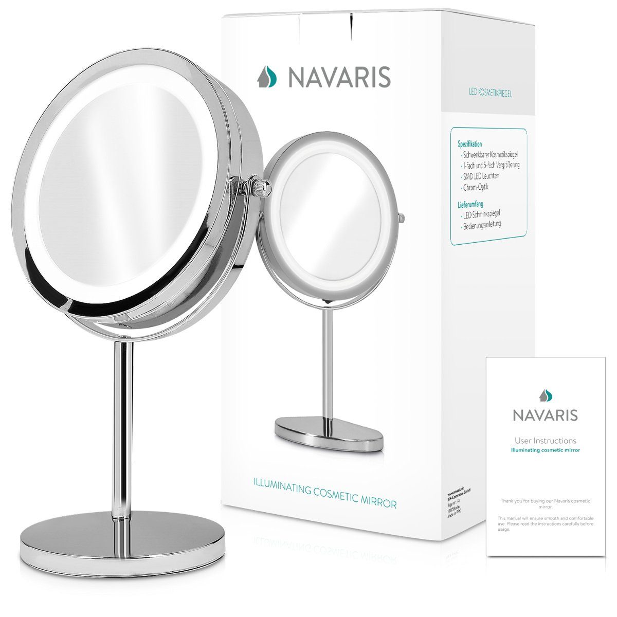 Navaris LED-Lichtspiegel LED Kosmetikspiegel - 5x Vergrößerung Standspiegel Make-up