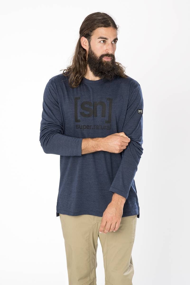 BLUE Langarmshirt Merino-Materialmix bequemer M LS IRIS MELANGE/JET LOGO Longsleeve LOGO SUPER.NATURAL BLACK Merino