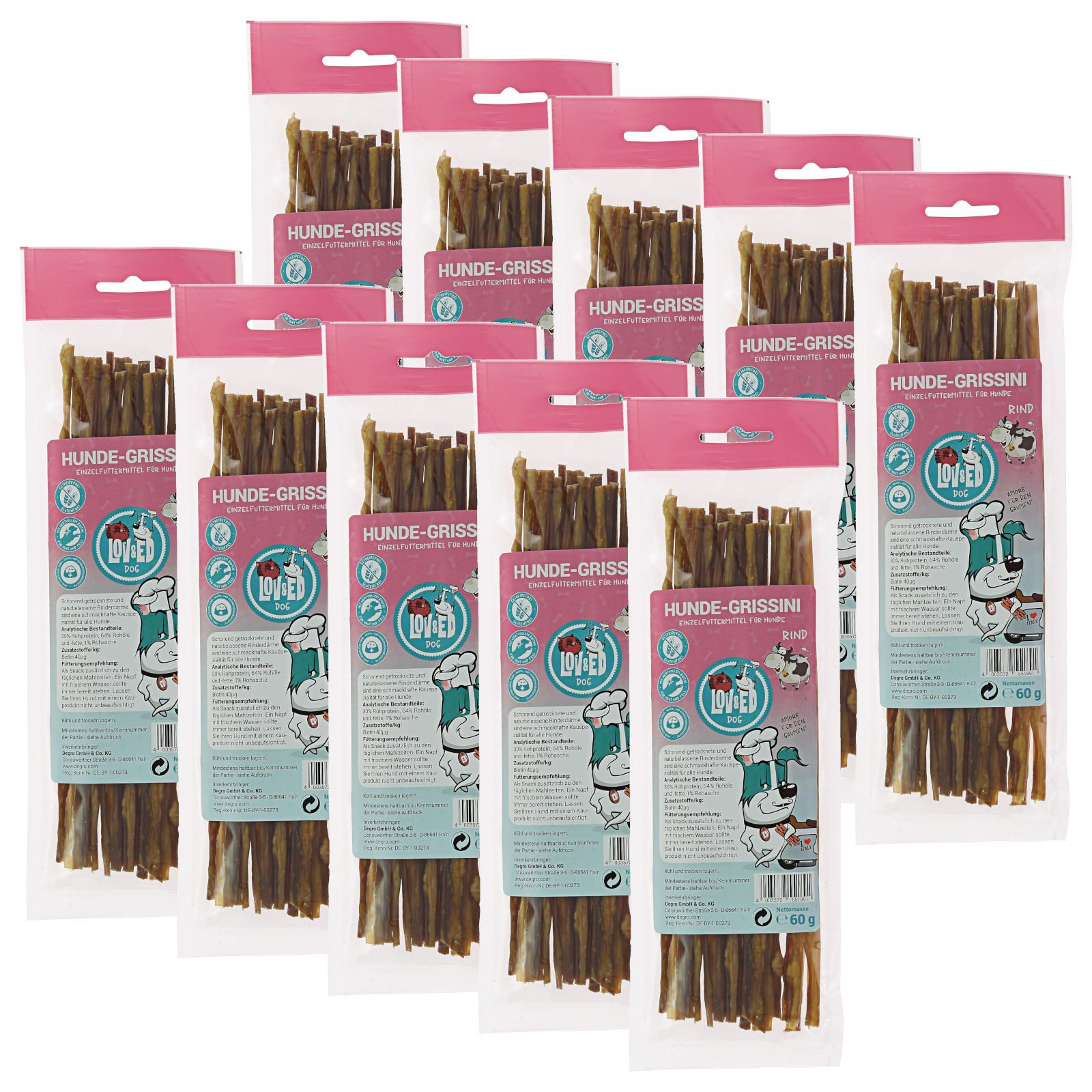 Lov&Ed Hunde-Grissini, 10x 60 g, Kausnack mit Rind, Snack für: Hund