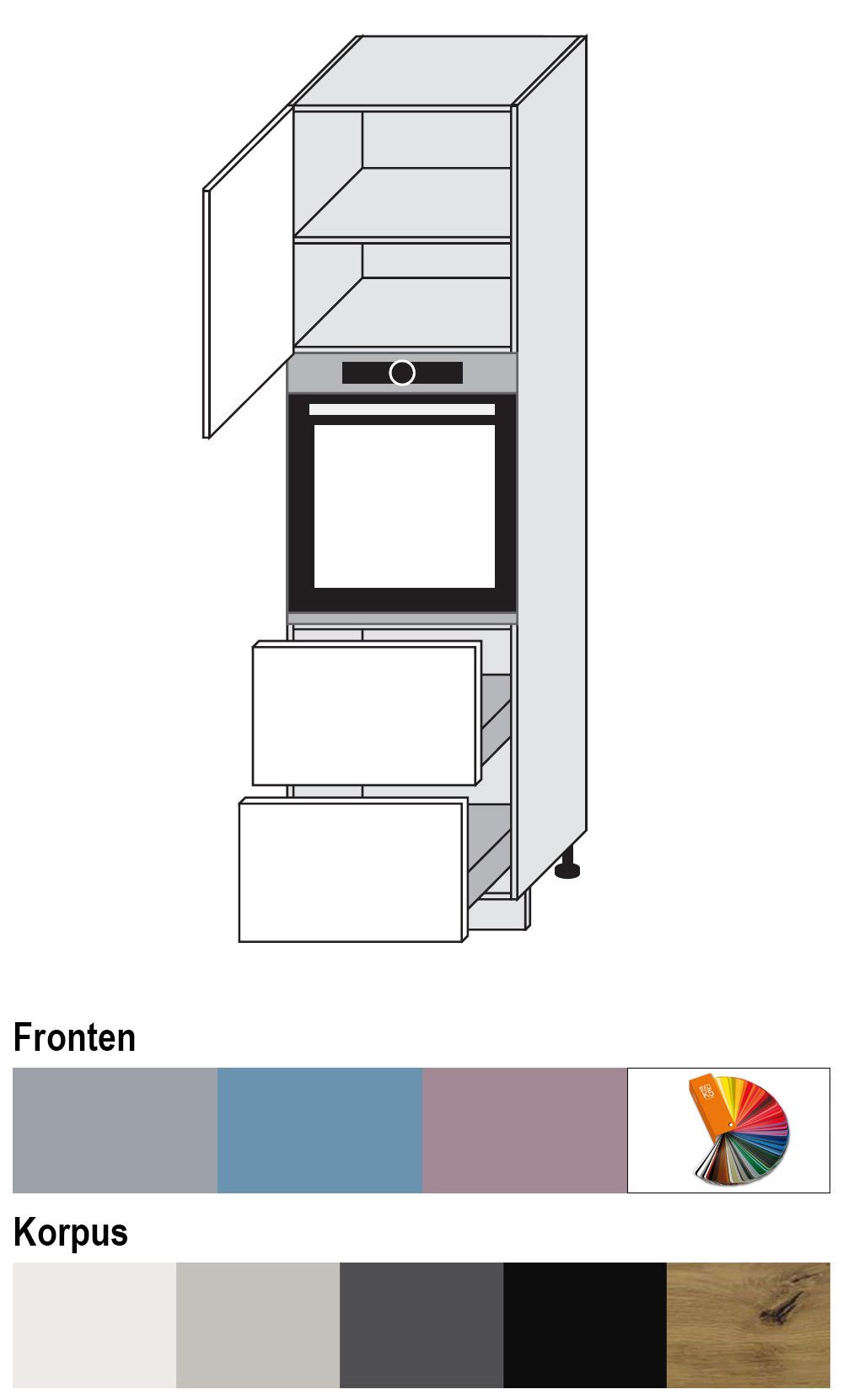 Feldmann-Wohnen Backofenumbauschrank Bari (D14/RU/2M-356, 1 Gerätefach, 2 Schubladen, Blum Metabox Teilauszug, 1-St., moderne Kassettenoptik, lackierte Fronten, 60x59x207cm) Eiche Artisan / RAL Wunschfarbe matt (K5)