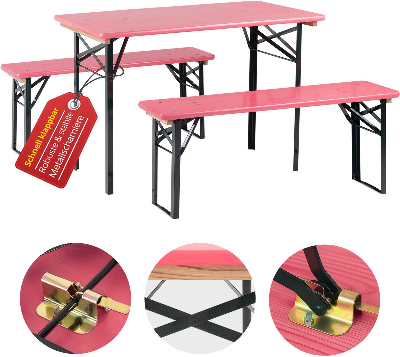 Stagecaptain Bierzeltgarnitur Hirschgarten BB-117 Sitzgarnitur 117 cm Länge, (Stehtisch Holz, 3-tlg., 2 x Bank, 1 x Tisch), Sitzmöbelset für Balkon Outdoor & Indoor, klappbar