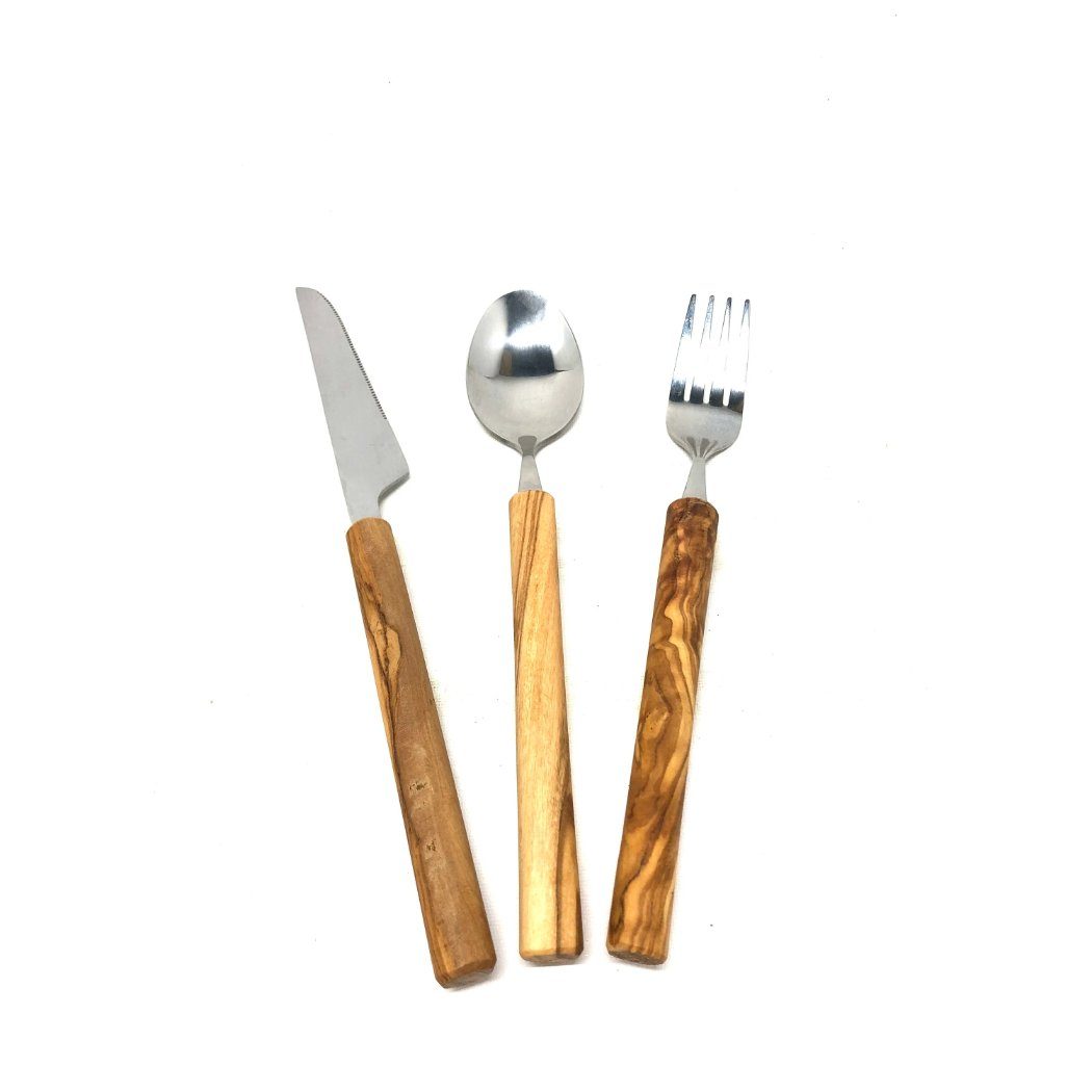 Olivenholz-erleben Besteck-Set Essbesteck Edelstahl mit Griff aus Olivenholz (3er Set) (1-tlg), 1 Personen, Olivenholz und Edelstahl, Stilvolles Besteck-Set mit Olivenholzgriffen – ideal zum Verschenken