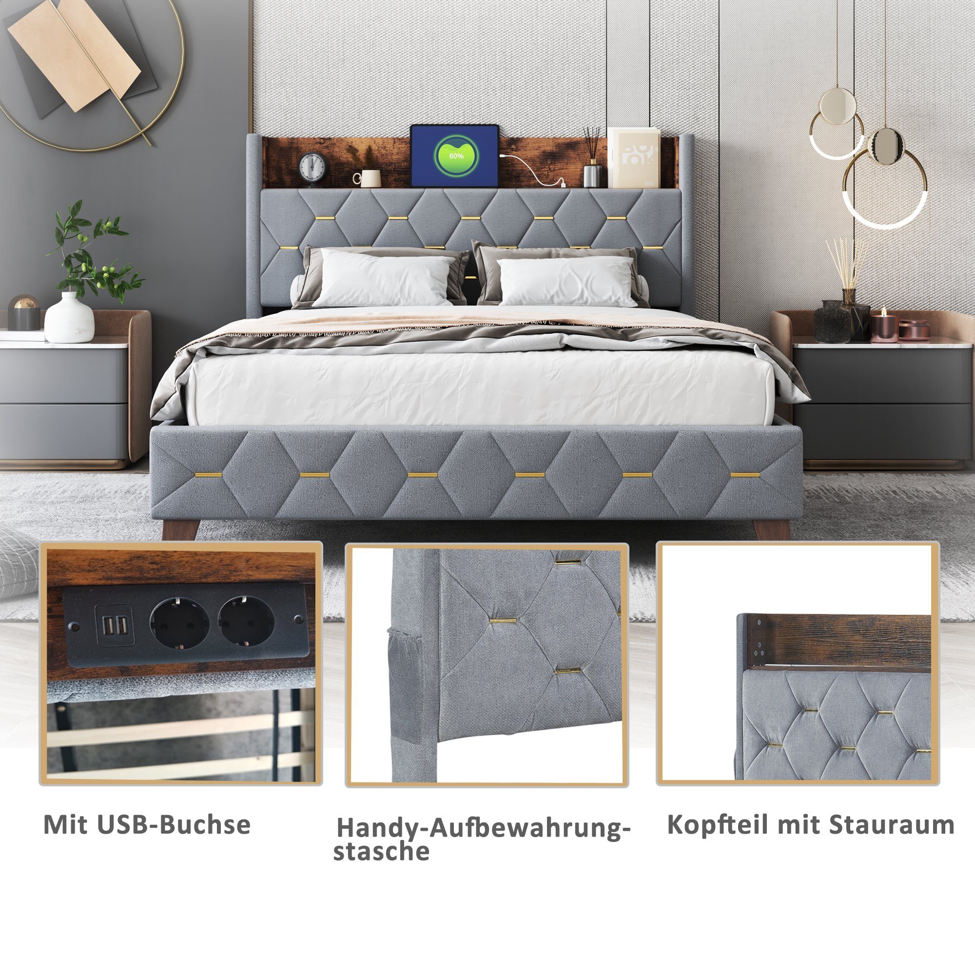 Polsterbett (Doppelbett 140x200cm mit Lattenrost), mit Stauraum am Kopfteil und USB-Anschluss, Bezug aus Samt