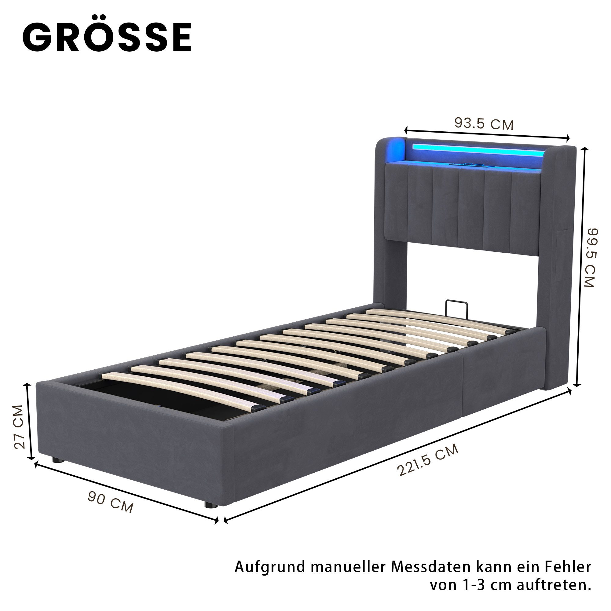 REDOM Polsterbett Hydraulisches Bett mit LED-Beleuchtung & USB-Ladestation (Funktionsbett, 1-tlg., 90x200 cm, inkl. Stauraum, Kopfteilregal & Samtbezug), Für ein komfortables und praktisches Schlafambiente(ohne Matratze)