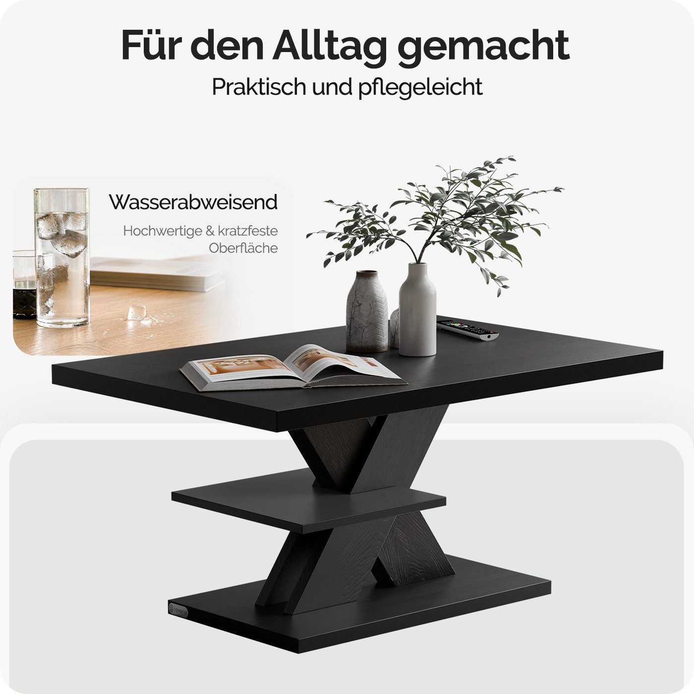 Casaria Couchtisch Detroit, Holz 2 Ablagen 90x60cm Modern Eckig Kratzfest Schwarz – Bild 4 von 5