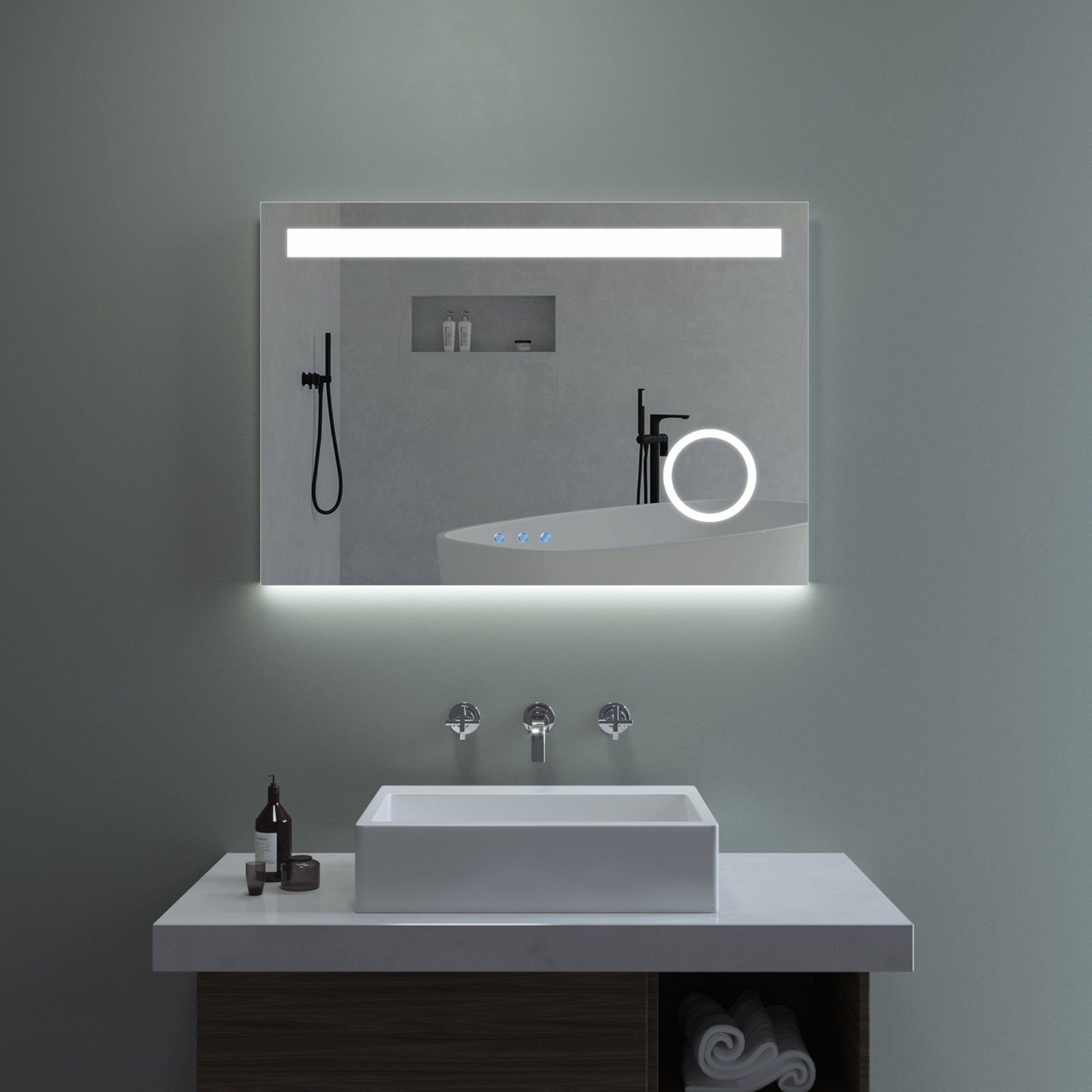 AQUALAVOS Badspiegel LED Badspiegel Kosmetikspiegel mit Beleuchtung 100x70 cm Wandspiegel, mit 3-Fach Vergrößerung Kosmetikspiegel, Touch-Schalter Dimmbar