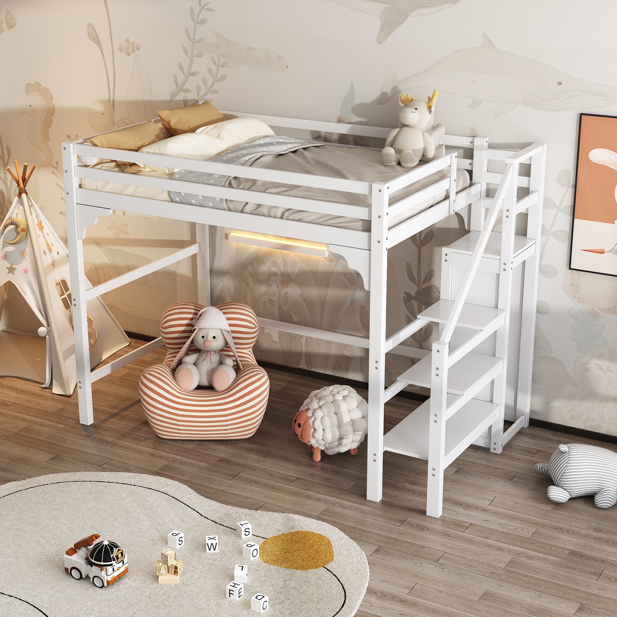 OKWISH Hochbett Jugend-Loftbett 140x200 cm mit integriertem Kleiderschrank (Jugendbett, Stockbett, Loftbett, Inklusive platzsparender Stauraumtreppe für maximale Ordnung) Ohne Matratze – als Stockbett für optimal genutzten Raum