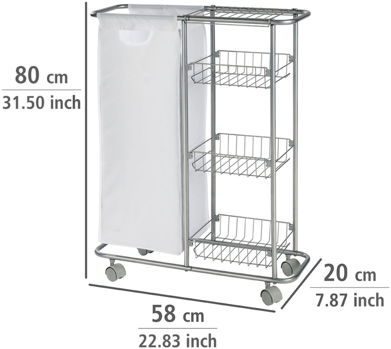 WENKO Ausziehwäschekorb Modell Slim, schmaler Rollwagen, ideal für Nischen, 3 Etagen, mit abnehmbarem Sack