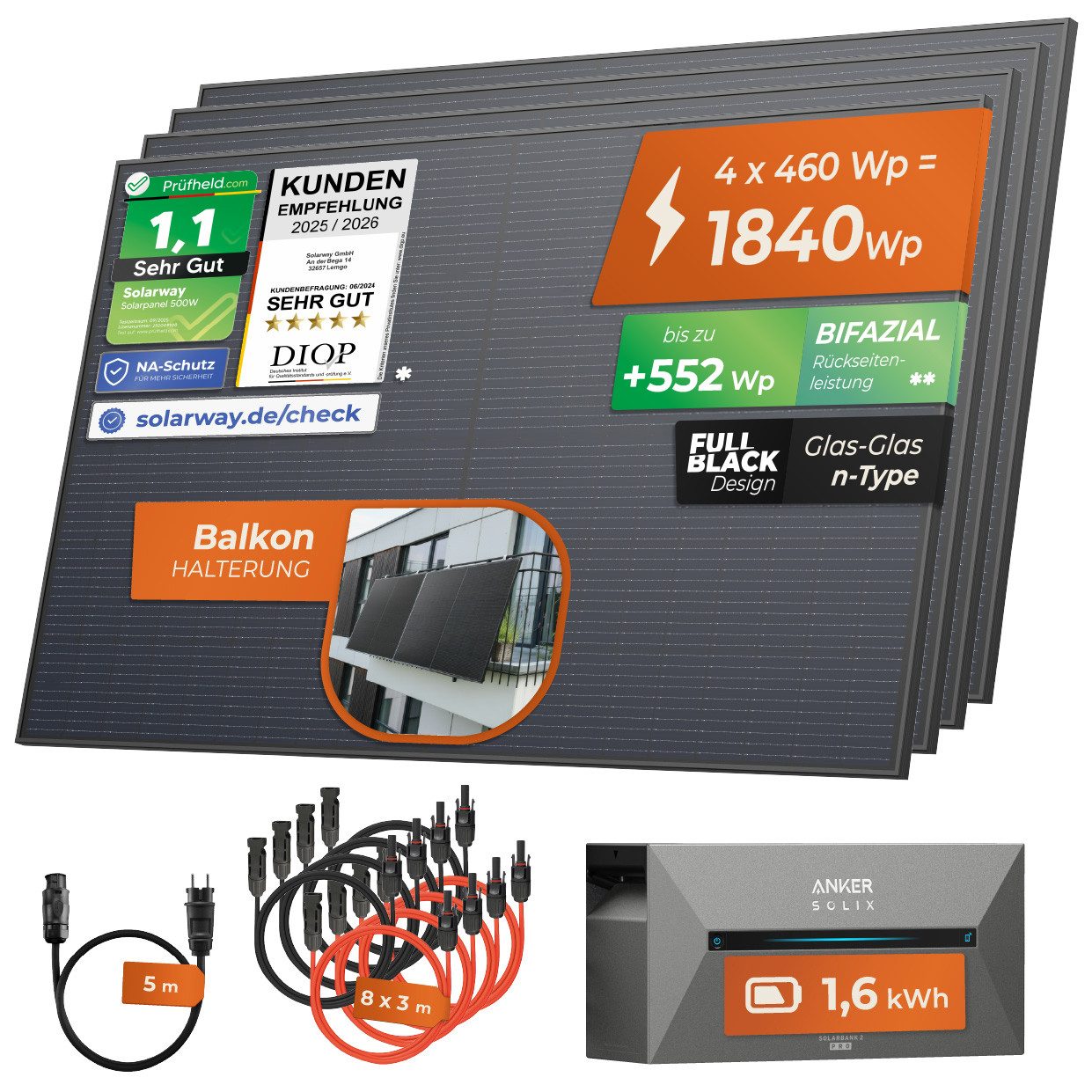 Solarway Balkonkraftwerk 1840 Wp / 800 Watt All in One mit 1,6 kWh Anker 2 Pro Speicher, 1840 W, Monokristallin, (460W Solarmodule & Anker Speicher & Zubehör),  – Bild 2 von 5