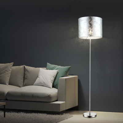 etc-shop Stehlampe, Stehleuchte Textil Wohnzimmer Standleuchte silber-metallic Wohnzimmerlampe stehend, mit Schalter aus Nickel-matt, 1x E27, DxH 40 x 160 cm