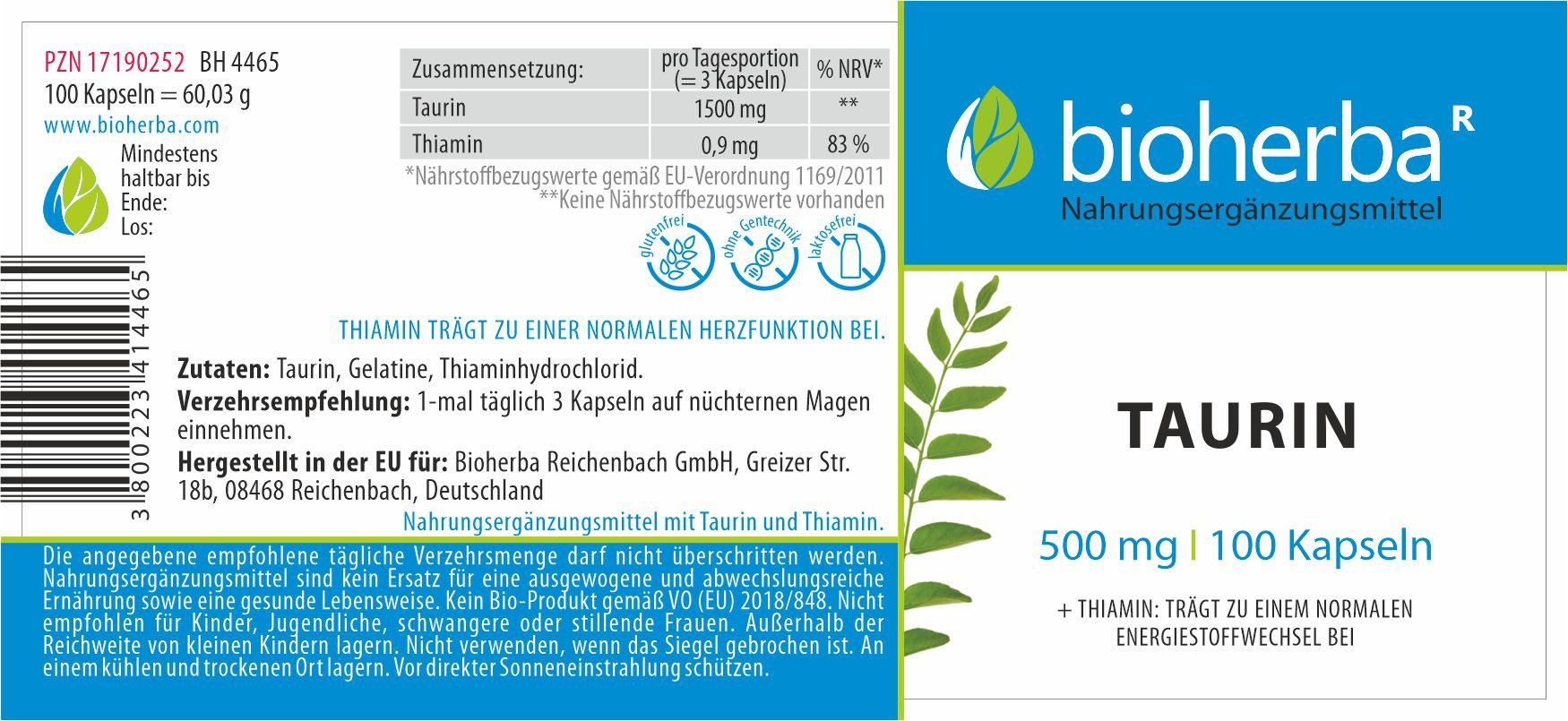 BIOHERBA R Bioherba Taurin 500 mg 100 Kapseln Tropfen, 1 er