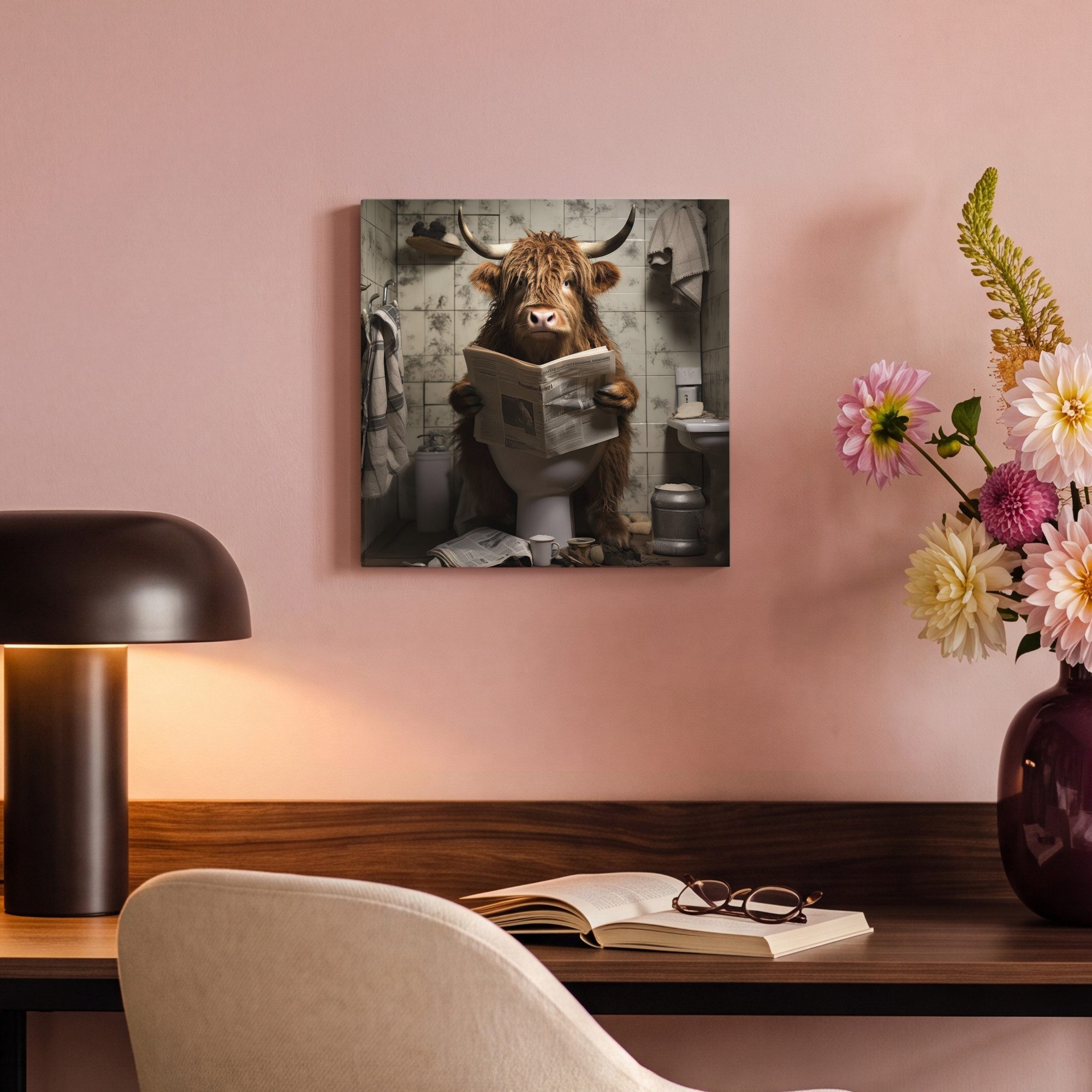 OneMillionCanvasses® Leinwandbild Scotch highlander - Toilette - Zeitung - Badezimmer, Fotodruck (1 St), Leinwand Bilder Klein, Wand Dekoration Aesthetic 30x20  – Bild 4 von 5