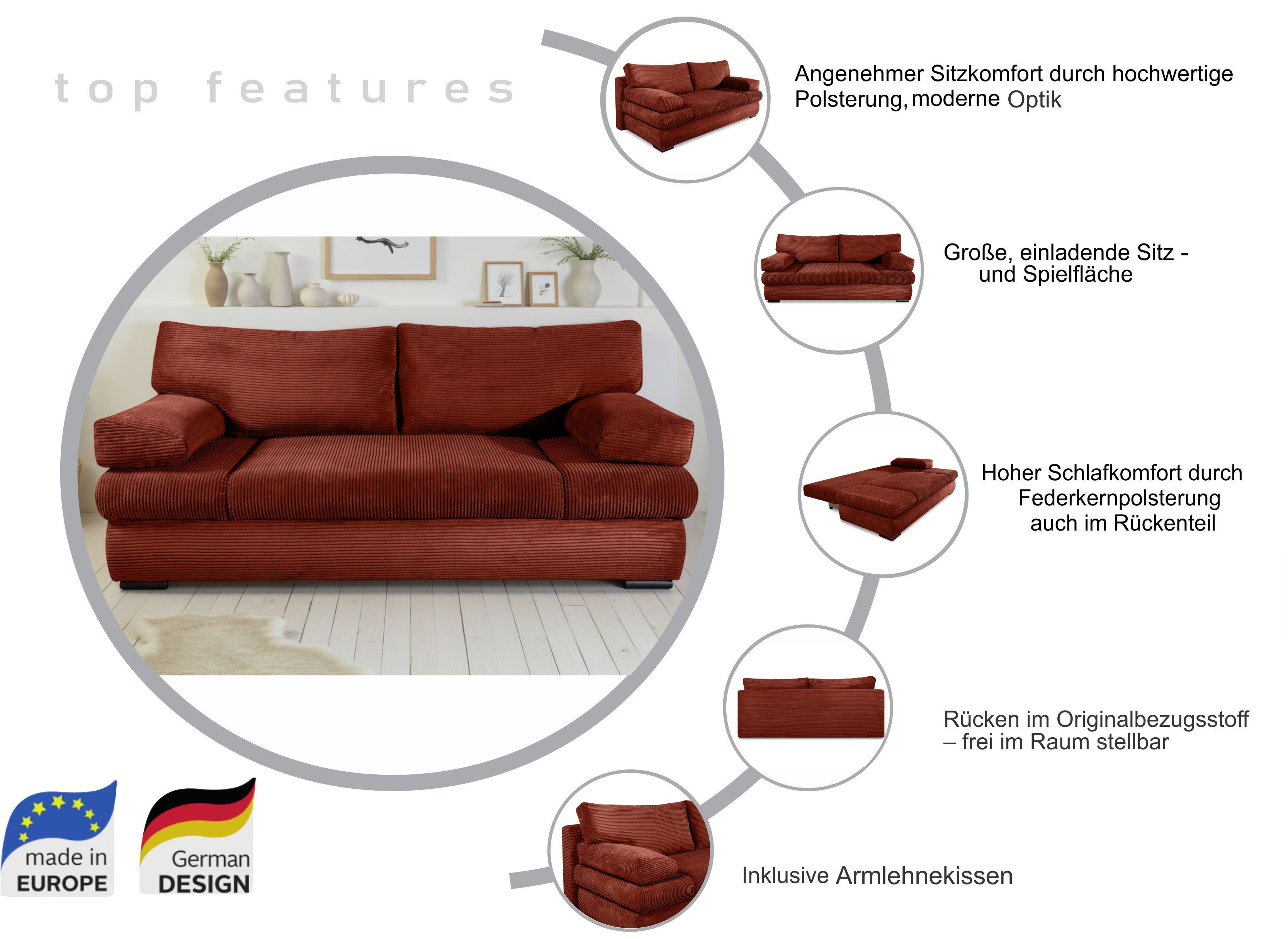 COLLECTION AB Schlafsofa Tina, B: 200 cm, Liegefl. 146x200 cm, Schlaffunktion, Bettkasten & 2 Armlehnenkissen, Federkern