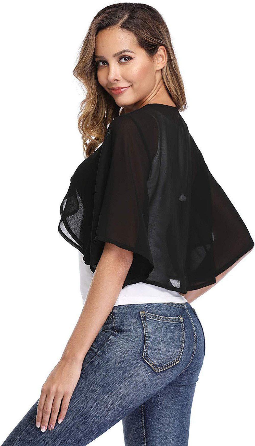 Zaewry Bolero Damen-Bolero aus Chiffon,3/4-Arm,Chiffon Coverup,Fließend,zart,luftig Geeignet für elegante Dinner-Anlässe