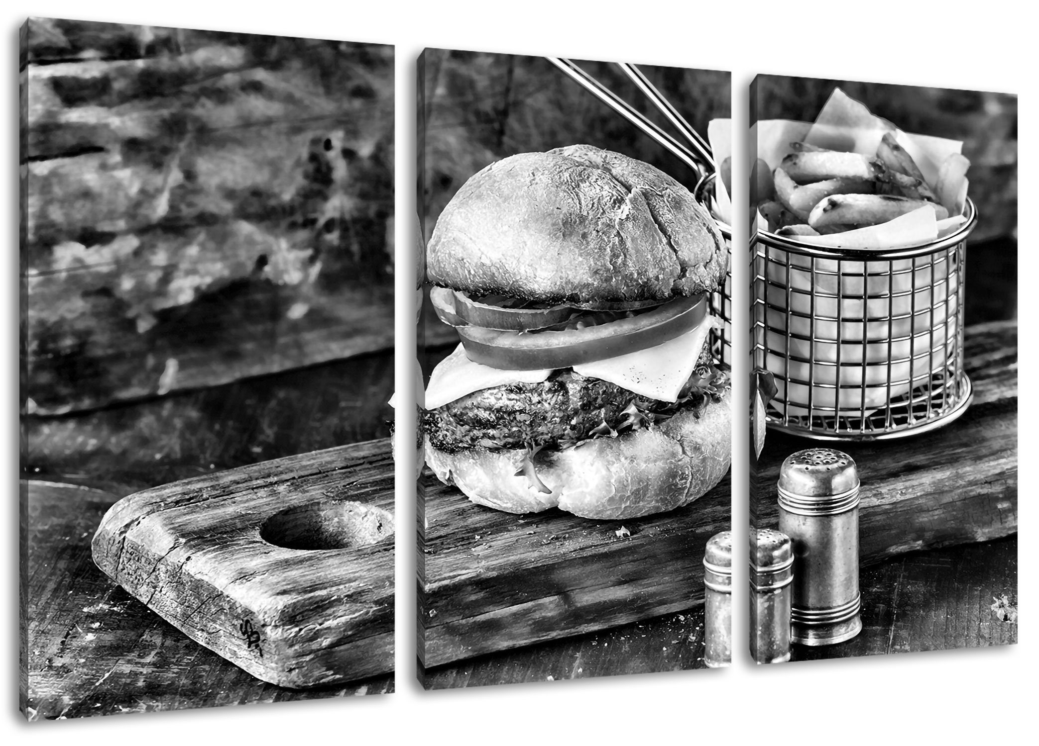 Pixxprint Leinwandbild Cheesburger mit Pommes, Cheesburger mit Pommes 3Teiler (120x80cm) (1 St), Leinwandbild fertig bespannt, inkl. Zackenaufhänger