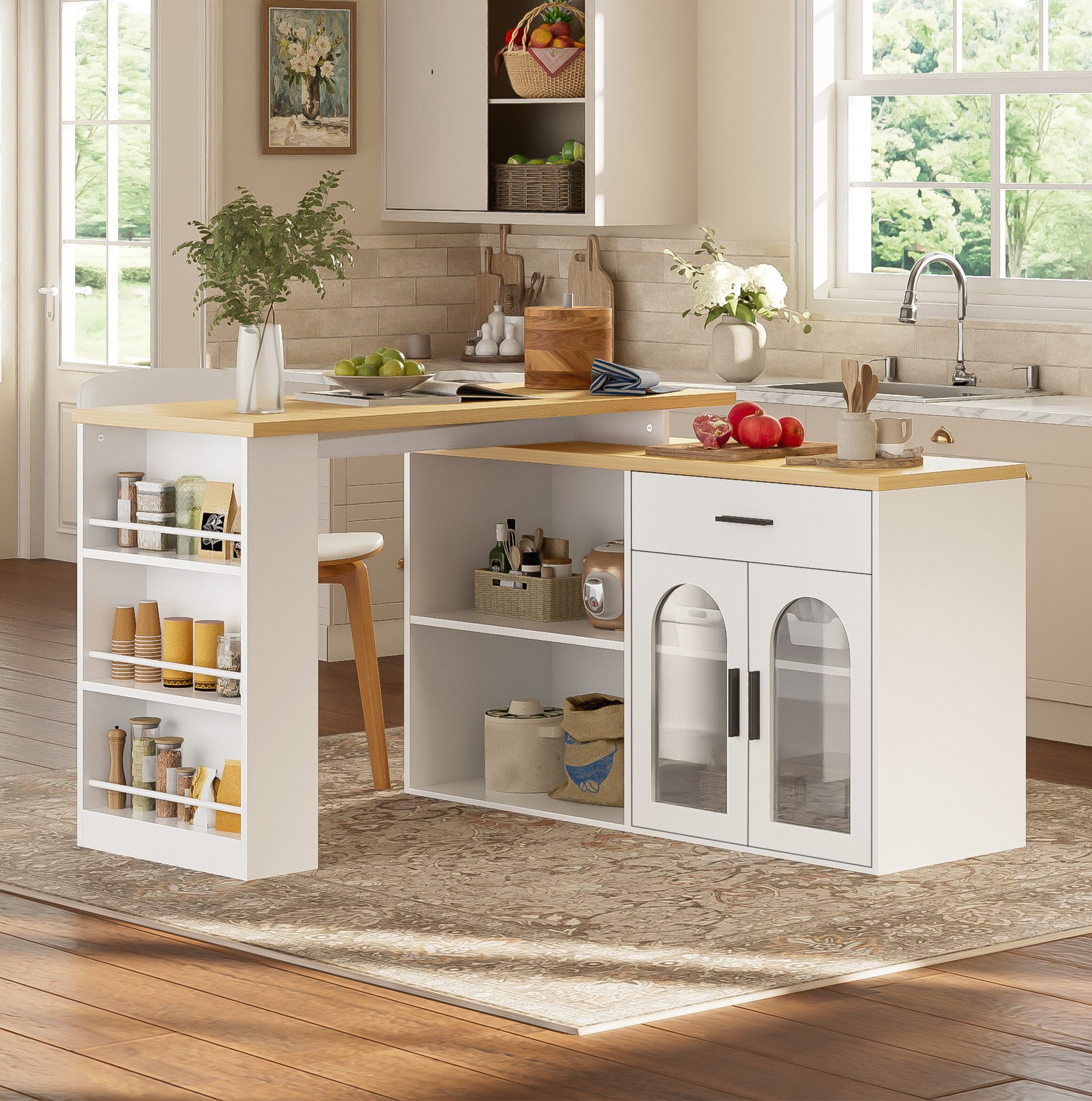 MODFU Kücheninsel Multifunktionsschrank Küche mit Drehtisch und Regalen Weiß, (Bartheke Möbel für Küche Esszimmer und moderne Wohnräume), Servierwagen mit Stauraum Schublade und offenen Fächern