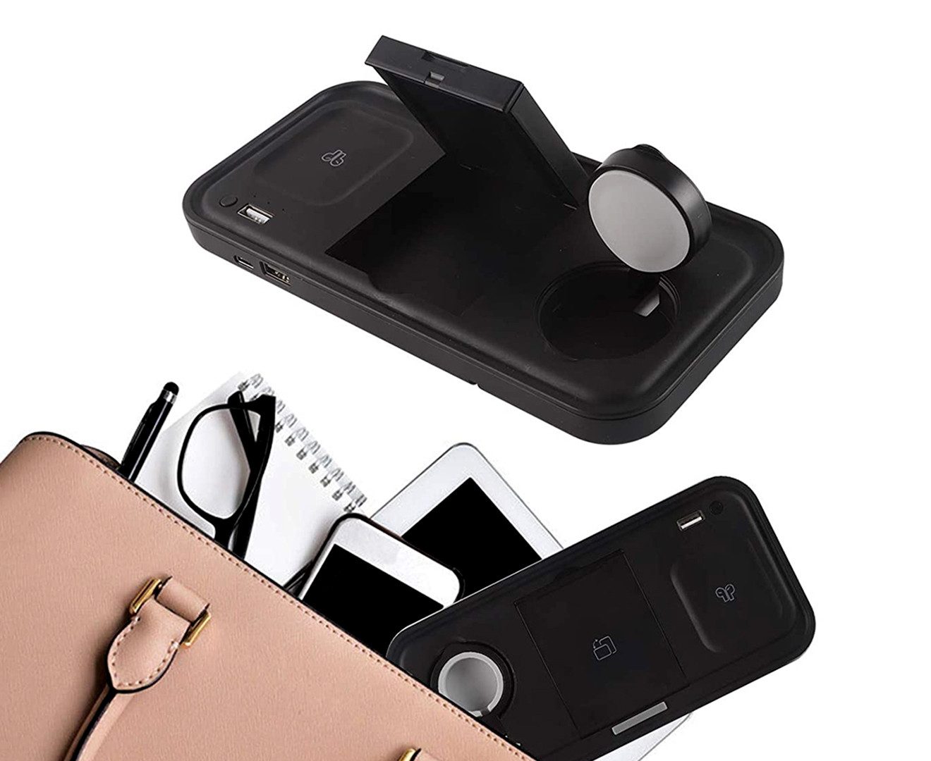 NEWQI Faltbare 3-in-1 Wireless Charging Station mit LED-Lampe und Ventilator Wireless Charger (2000,00 mA, Kompaktes 3-in-1 Set: Wireless Charger, USB-C Kabel,  – Bild 4 von 5