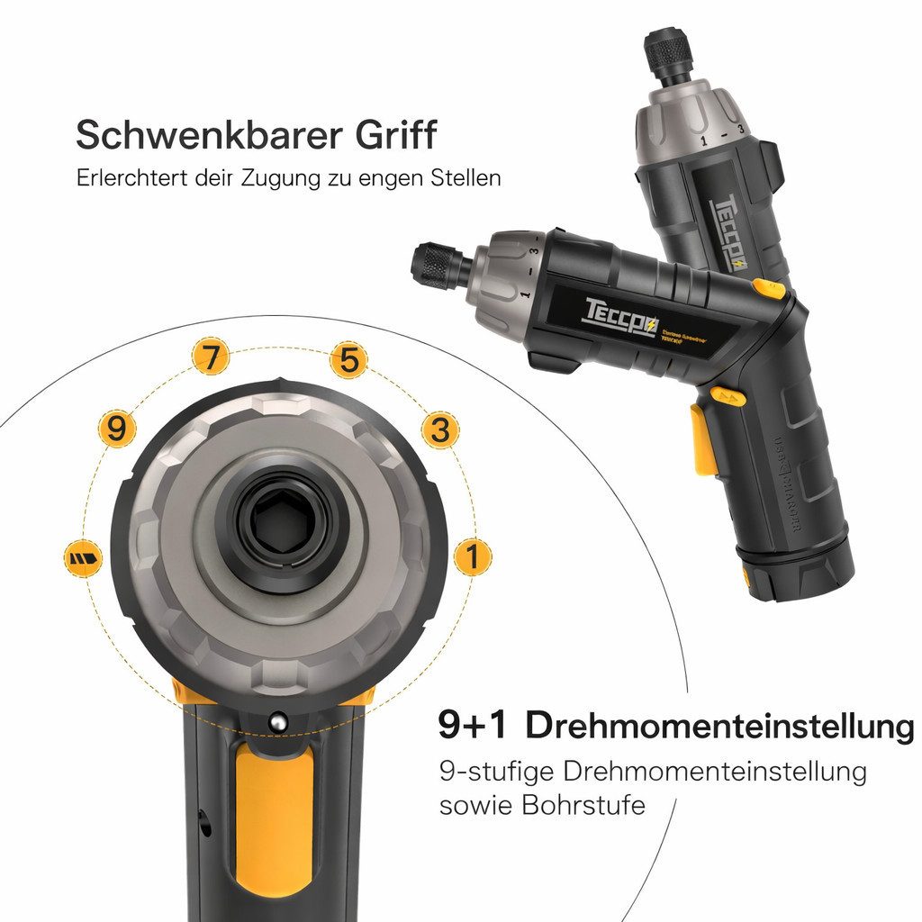 Teccpo Akku-Schrauber, 6,00 Nm, (Elektrischer Schraubendreher, 45-tlg., 2000mAh Li-Ion, 9+1 Drehmomentstufen), Selbstverriegelungsfutter, 2 LED-Lichter, Einstellbare 2 Positionen