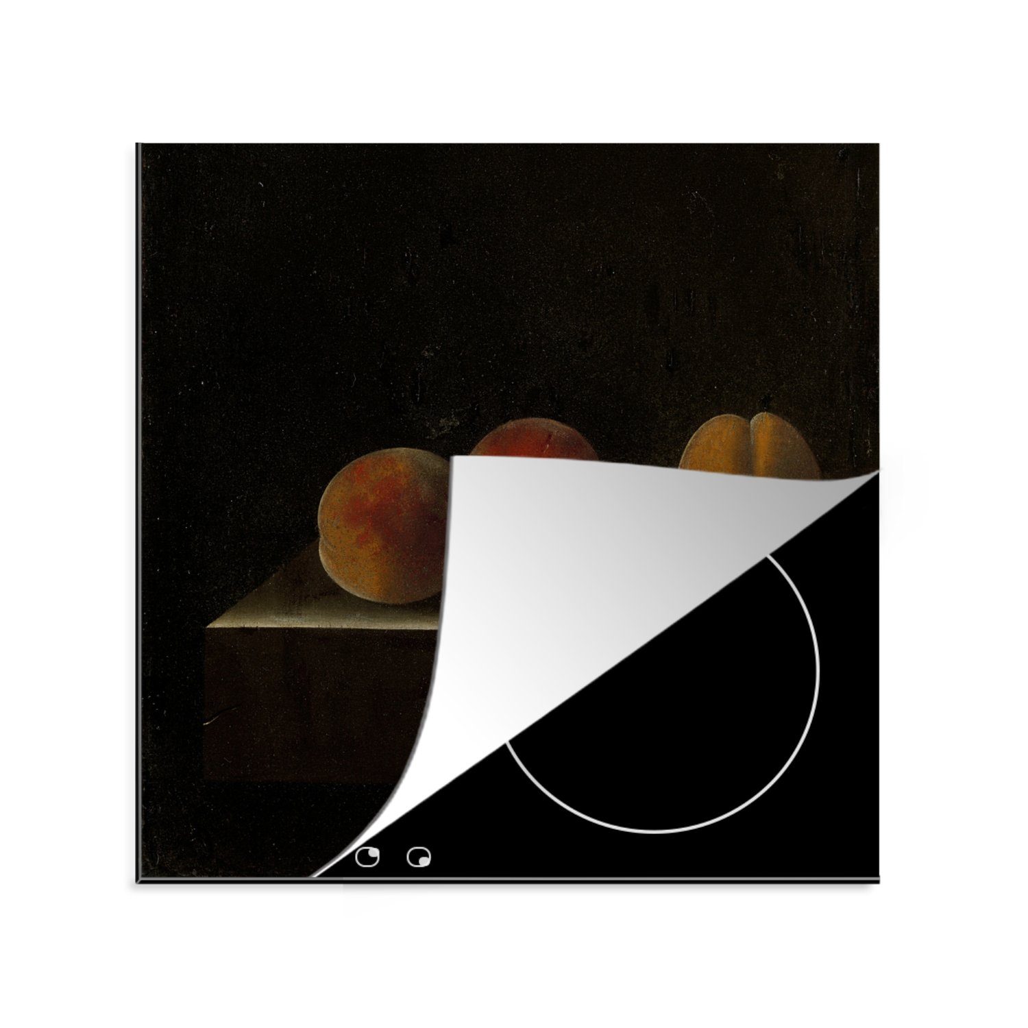 MuchoWow Herdblende-/Abdeckplatte Vier Aprikosen auf einem Steinsockel - Gemälde von Adriaen Coorte im, Vinyl, (1 tlg), 78x78 cm, Ceranfeldabdeckung, Arbeitsplatte für küche