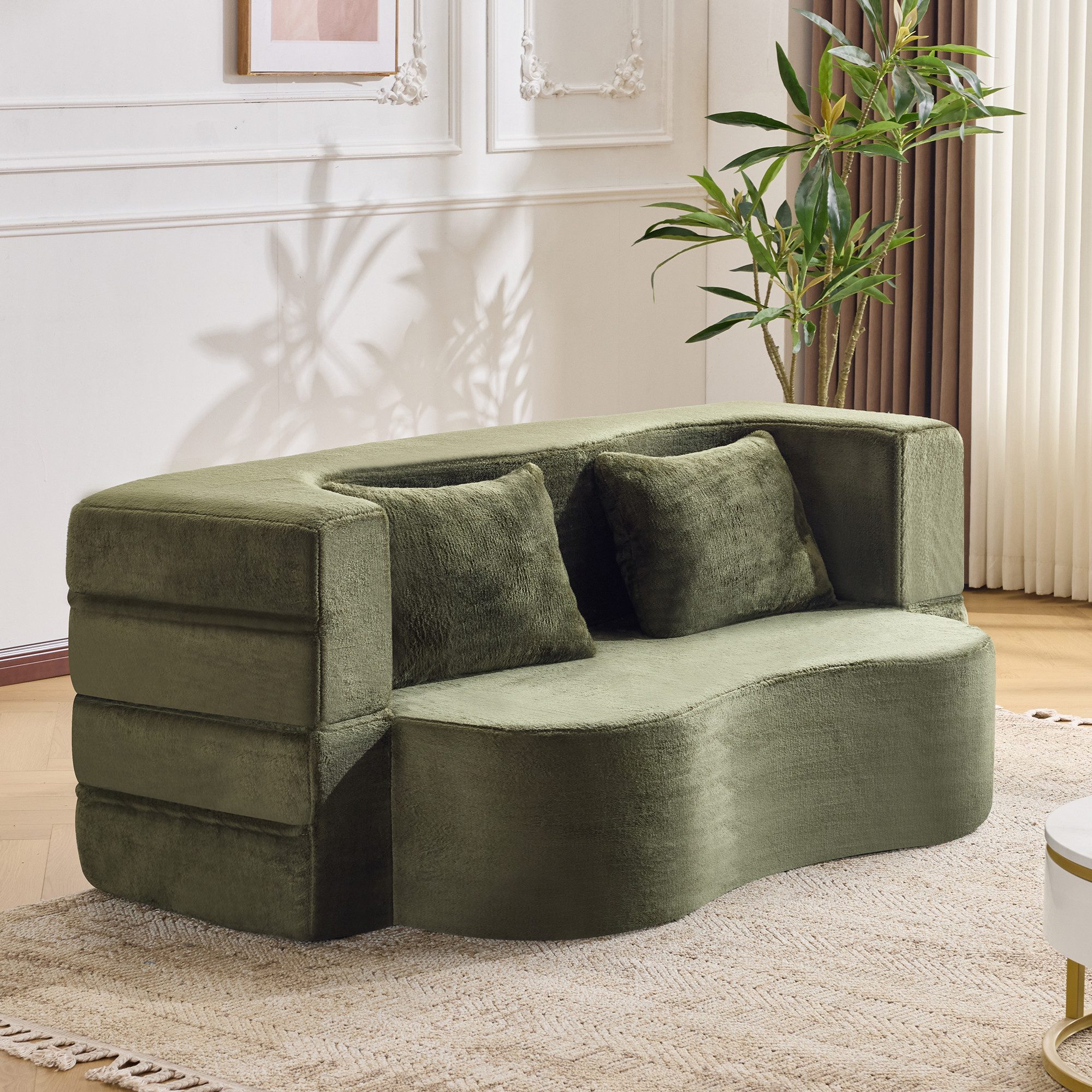 HAUSS SPOLE Schlafsofa mit Kissen,Zweizwecksofa Loungesofa faltbar für Wohnzimmer,Grün, Multifunktionssofa Gästebett mit Hochdichtschaumpolsterung und Wellenprofil-Design, Schlafcouch Futon Relaxsofa mit Liegefunktion, faltbarer Aufbau