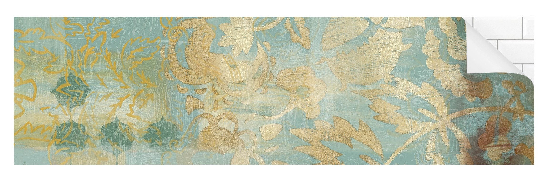 Bilderdepot24 Badrückwand gold fugenlose Wandverkleidung Bad Vintage, (Hartfolie matt » Selbstklebend SMART 0,35 mm), wasserfestes Wandpaneel Marokkanisch Gold Türkis