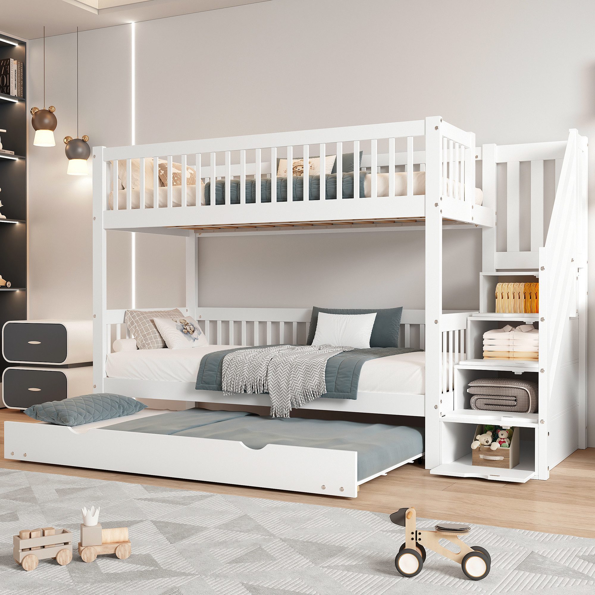 OKWISH Bunk Bed for Children with Rollaway Bed & Practical Ladder Wardrobe (Children's Bed with Additional Storage Space, 90x200/190 cm, with Additional Storage Space for Toys), Mattress Not Included – Flexible Sleeping and Playing Option
