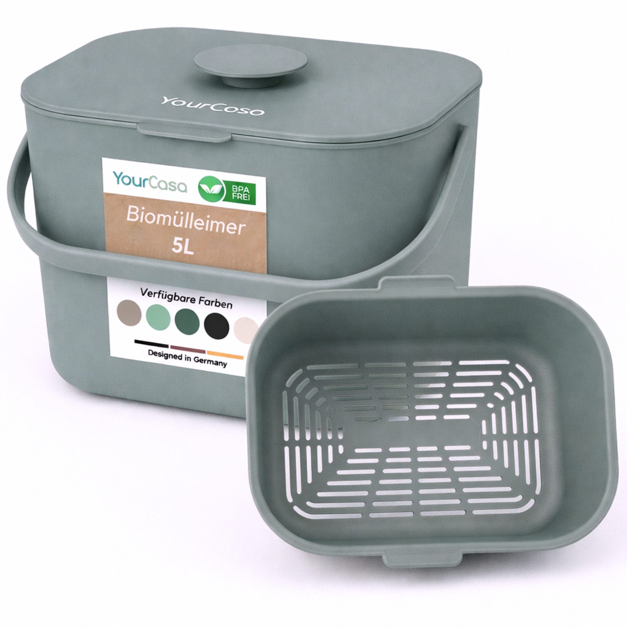 YourCasa Biomülleimer Küche 5L - Komposteimer Küche mit Sieb Spülmaschinenfest, Fassungsvermögen 5L, Spülmaschinenfest