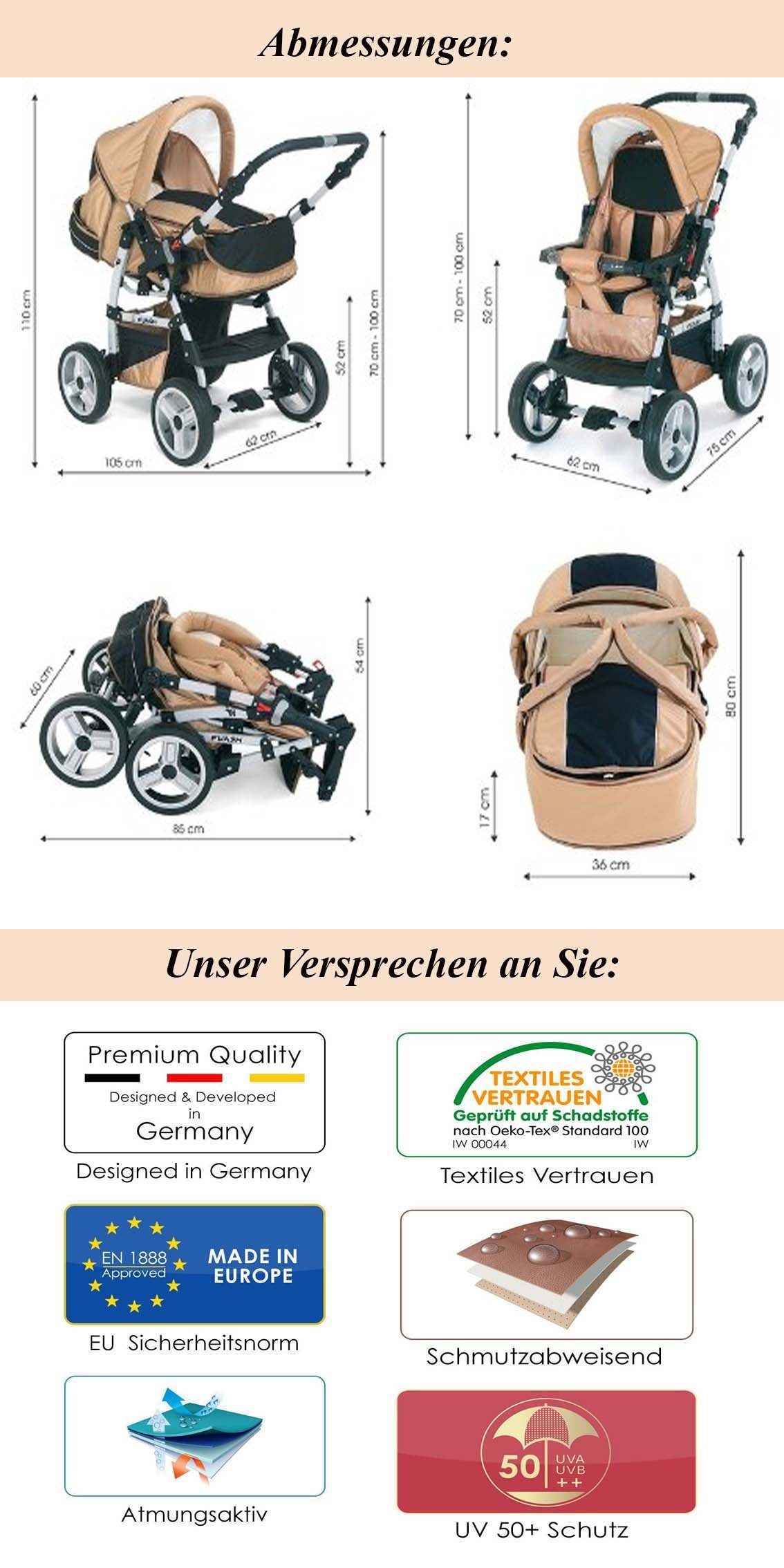 inkl. Flash Kombi-Kinderwagen - Teile 1 babies-on-wheels in in Anthrazit-Grün Farben 3 15 Autositz Kinderwagen-Set 18 -