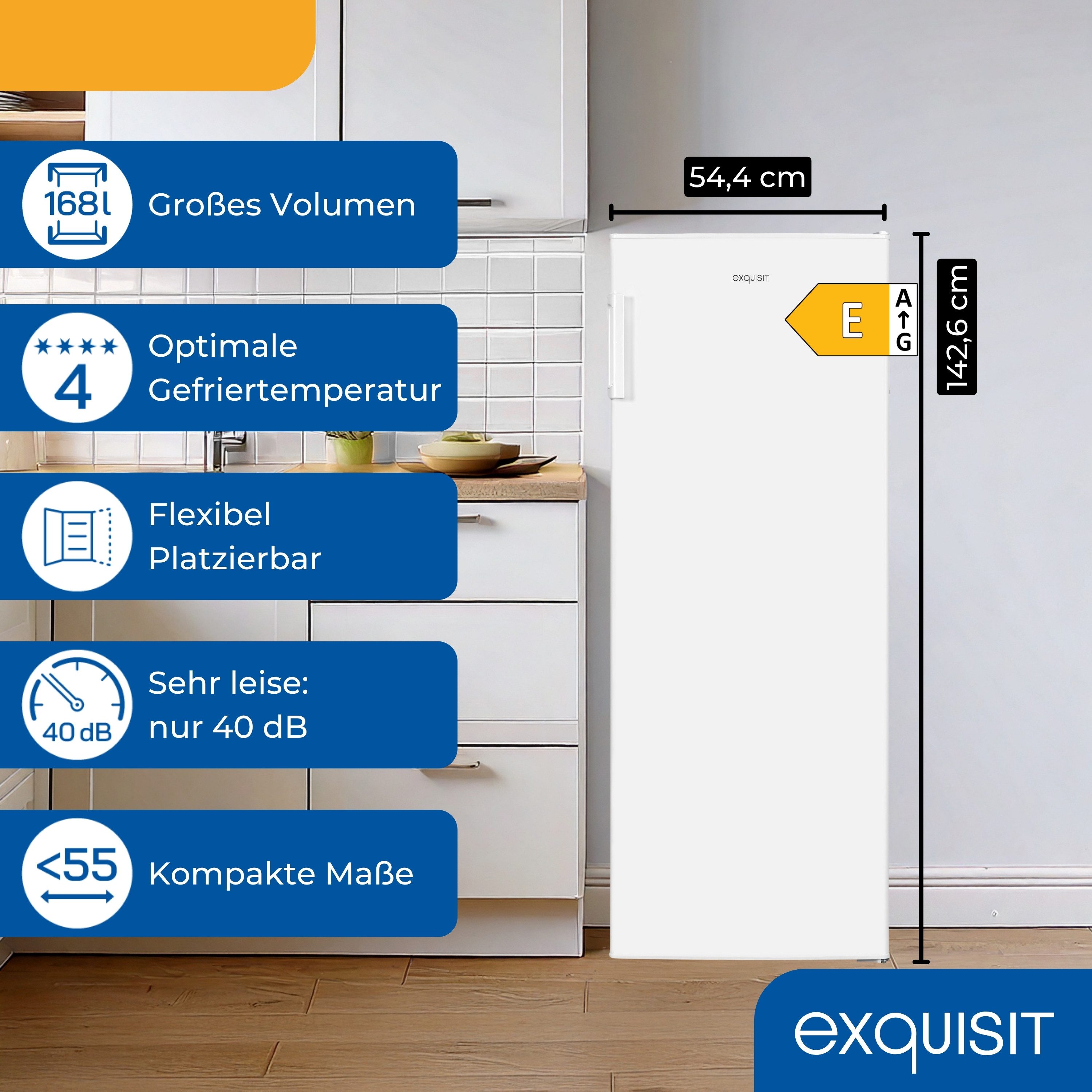 exquisit Gefrierschrank GS5230-H-040E, 142.6 cm hoch, 54.4 cm breit, 4*-Gefrierfach, Türanschlag wechselbar, Höhenverstellbare Füße – Bild 3 von 5
