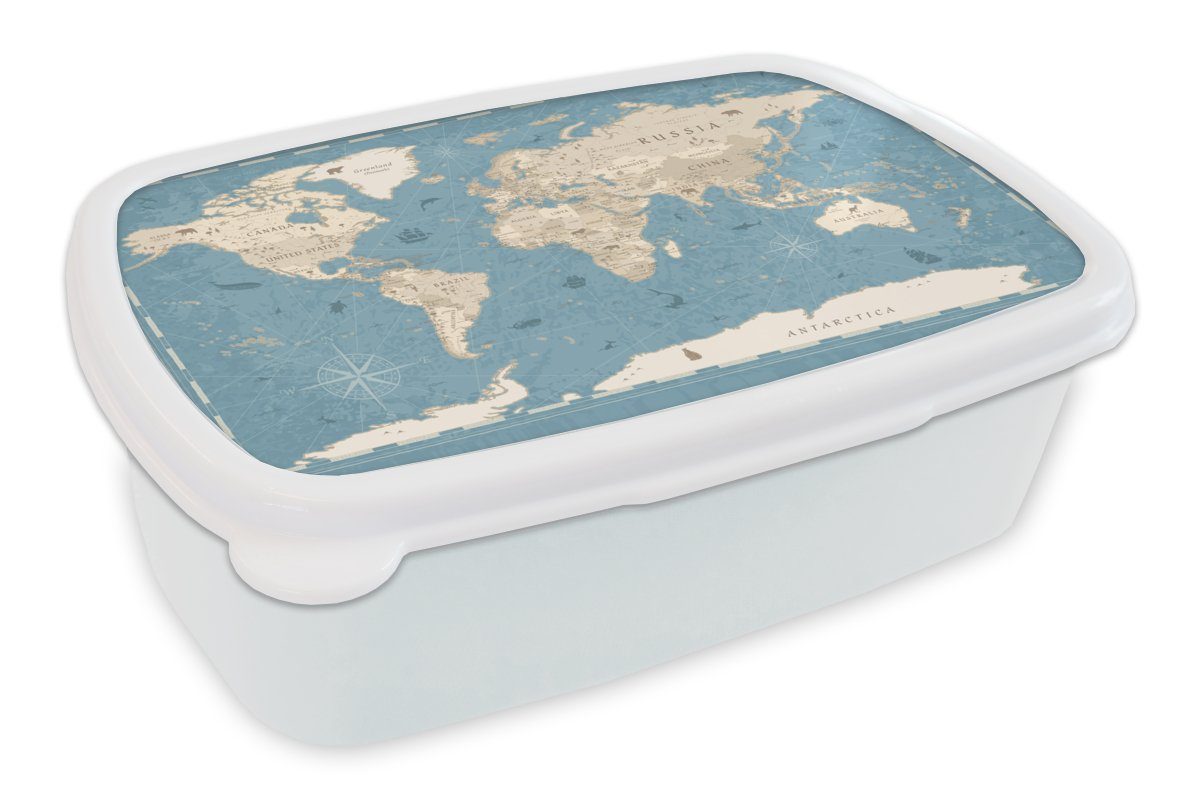 MuchoWow Lunchbox Weltkarte - Vintage - Blau, Kunststoff, (2-tlg), Brotbox für Kinder und Erwachsene, Brotdose, für Jungs und Mädchen weiß