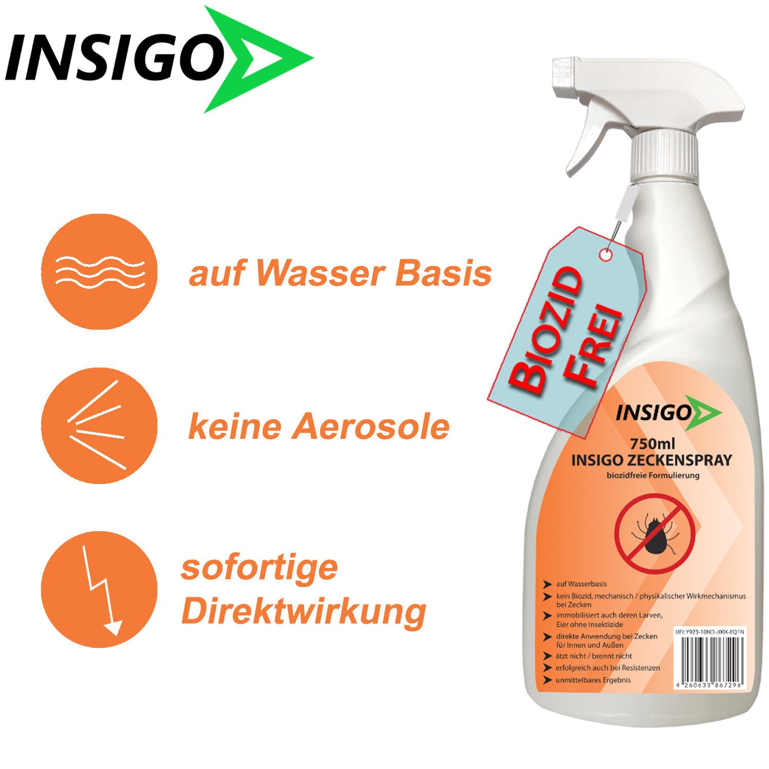 INSIGO Insektenspray INSIGO ZECKE, 2 l, biozidfreie Formel, auf Wasserbasis, geruchsarm, brennt / ätzt nicht