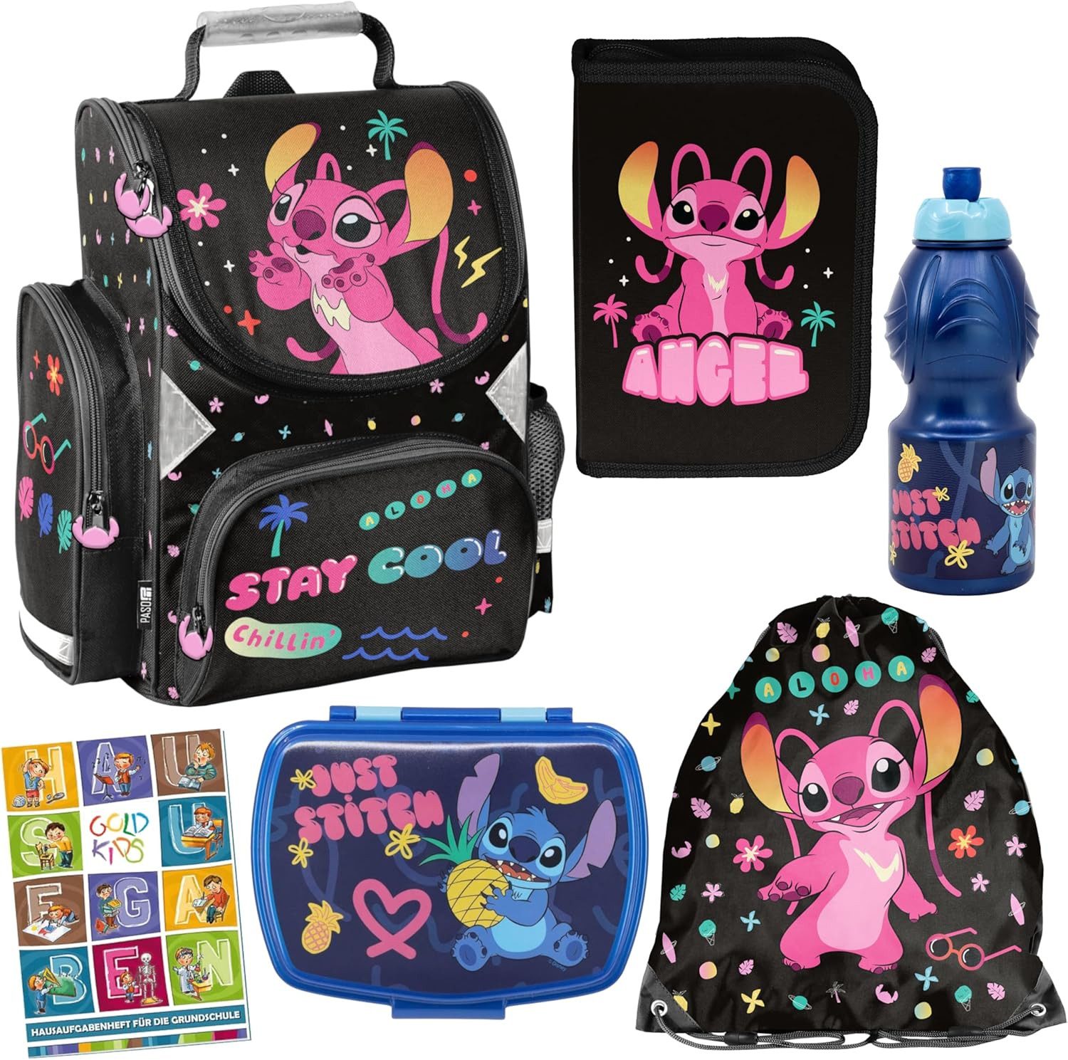 GOLDKIDS Schulranzen für Jungen und Mädchen - Schul-Rucksack für Kinder (Federmäppchen - Schuhbeutel, 6-tlg., Sporttasche, Tagebuch und Hausaufgabenheft), - Lilo und Stitch Motiv - 1-3 Klasse
